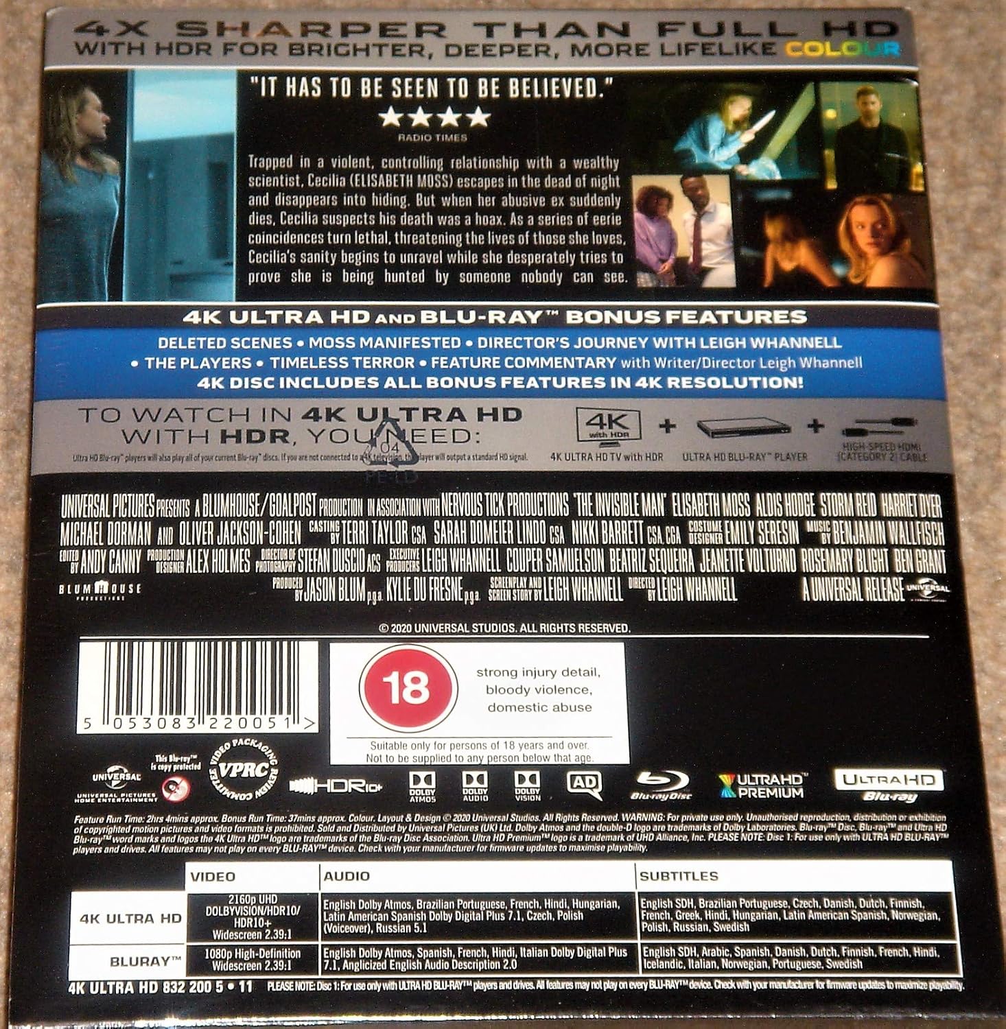 THE INVISIBLE MAN 4K ULTRA HD+BLU RAY COLLECTORS STEELBOOK / IMPORT / 4K HDR10+ & DOLBY VISION / REGION FREE
