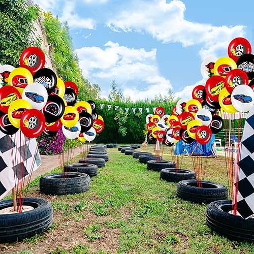 Miniatura 4 de Charniol Paquete de 40 globos de carreras para fiestas de cumpleaños, banderas a cuadros de 12 pulgadas, globos de látex para cumpleaños, dos