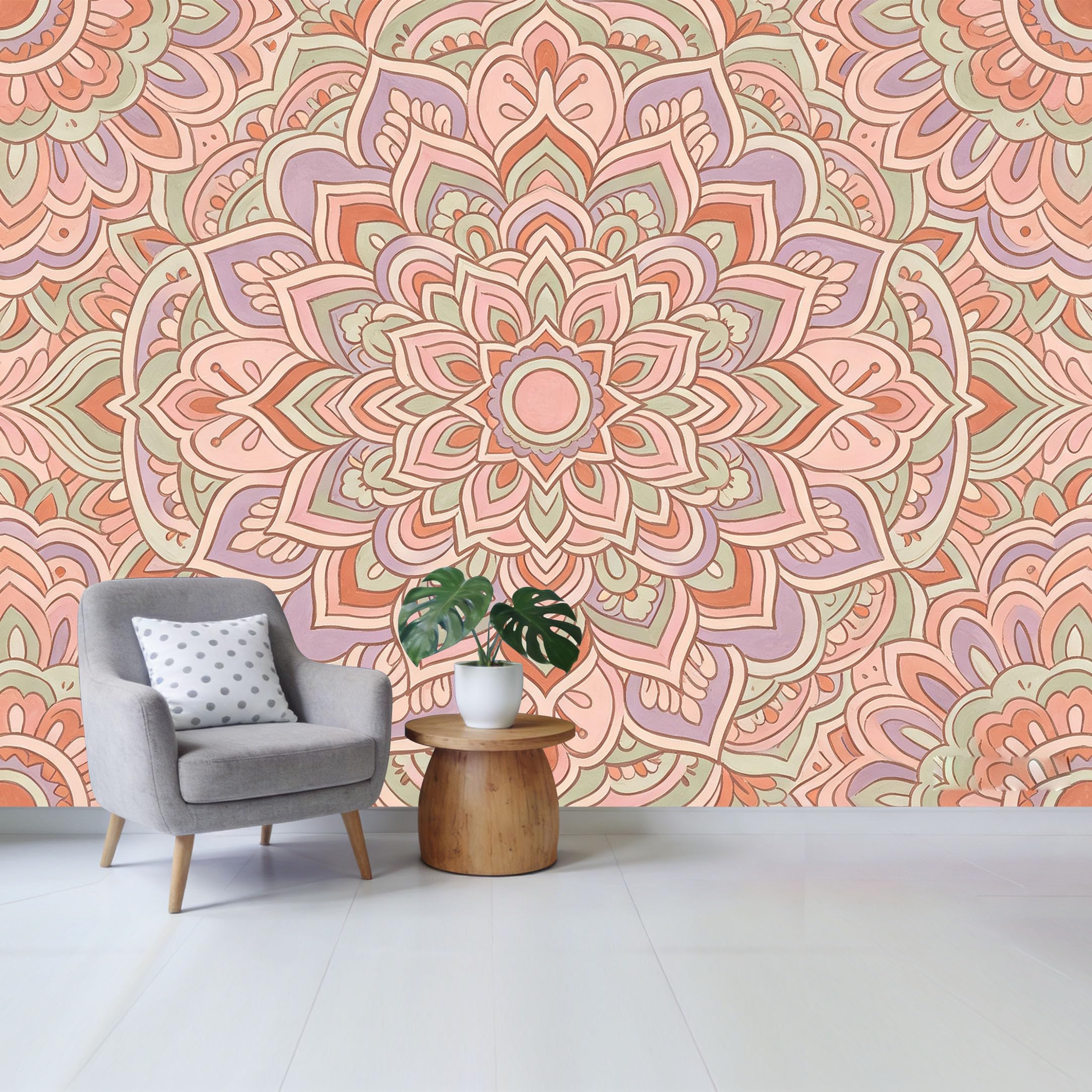 Qzlithotic Yq2605250459 Custom Size Wall Mural Bohemian Geometric Floral Pattern Soft Pastel Tones Artistic Symmetrical Print Selfadhesive Wall Fabric Removable Wallpaper For Home Office Decor