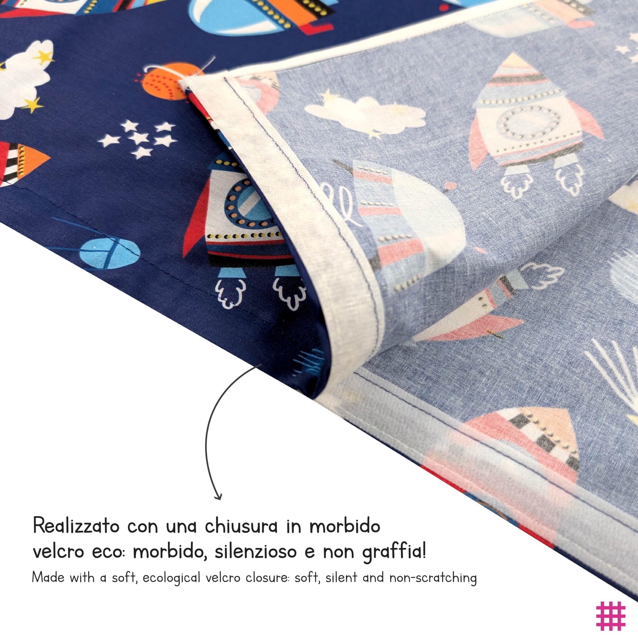 Set Asilo, Sacco nanna estivo e sacchetto per Bimbo e Bimba da 2 a 6 Anni - Tessuto 100% Cotone - Made in Italy (Set Asilo Astronavi)