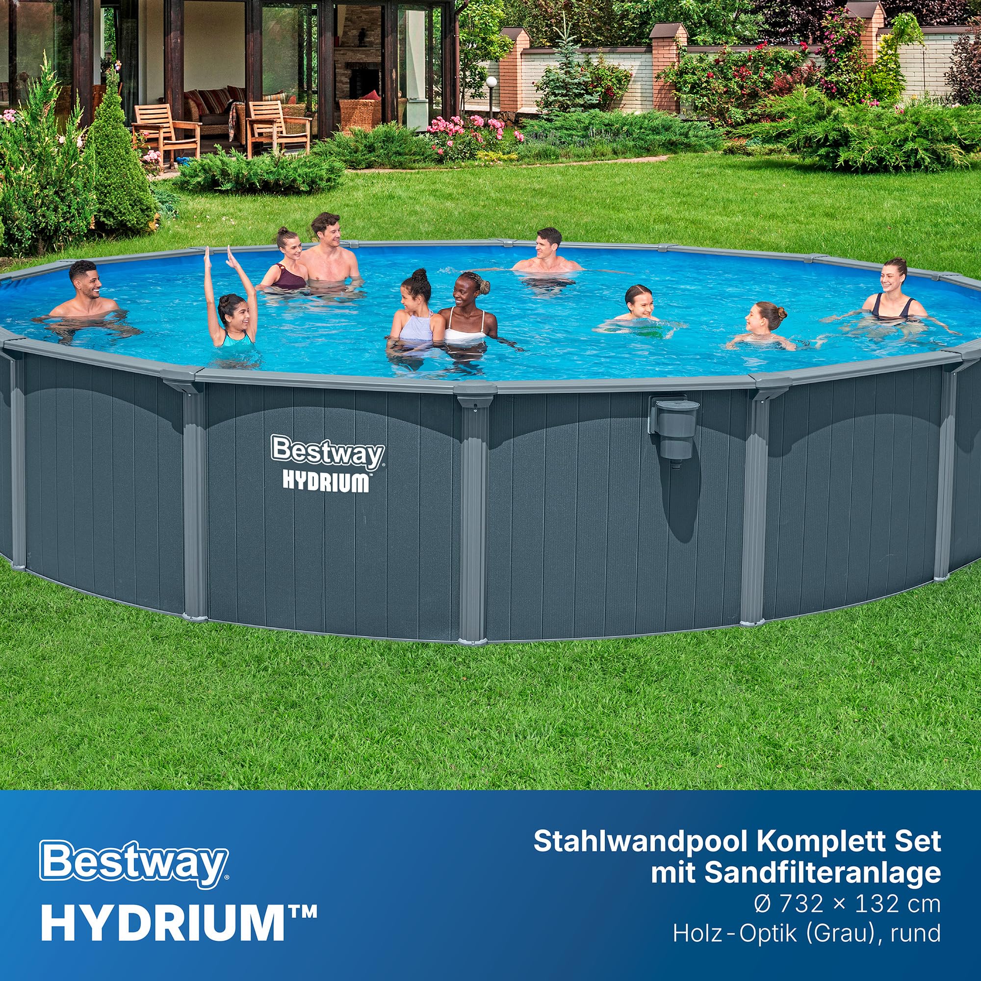 Bestway Hydrium Stahlwandpool Komplett-Set rund 732 x 132 cm Holz-Optik Grau XXL Gartenpool mit Sandfilteranlage
