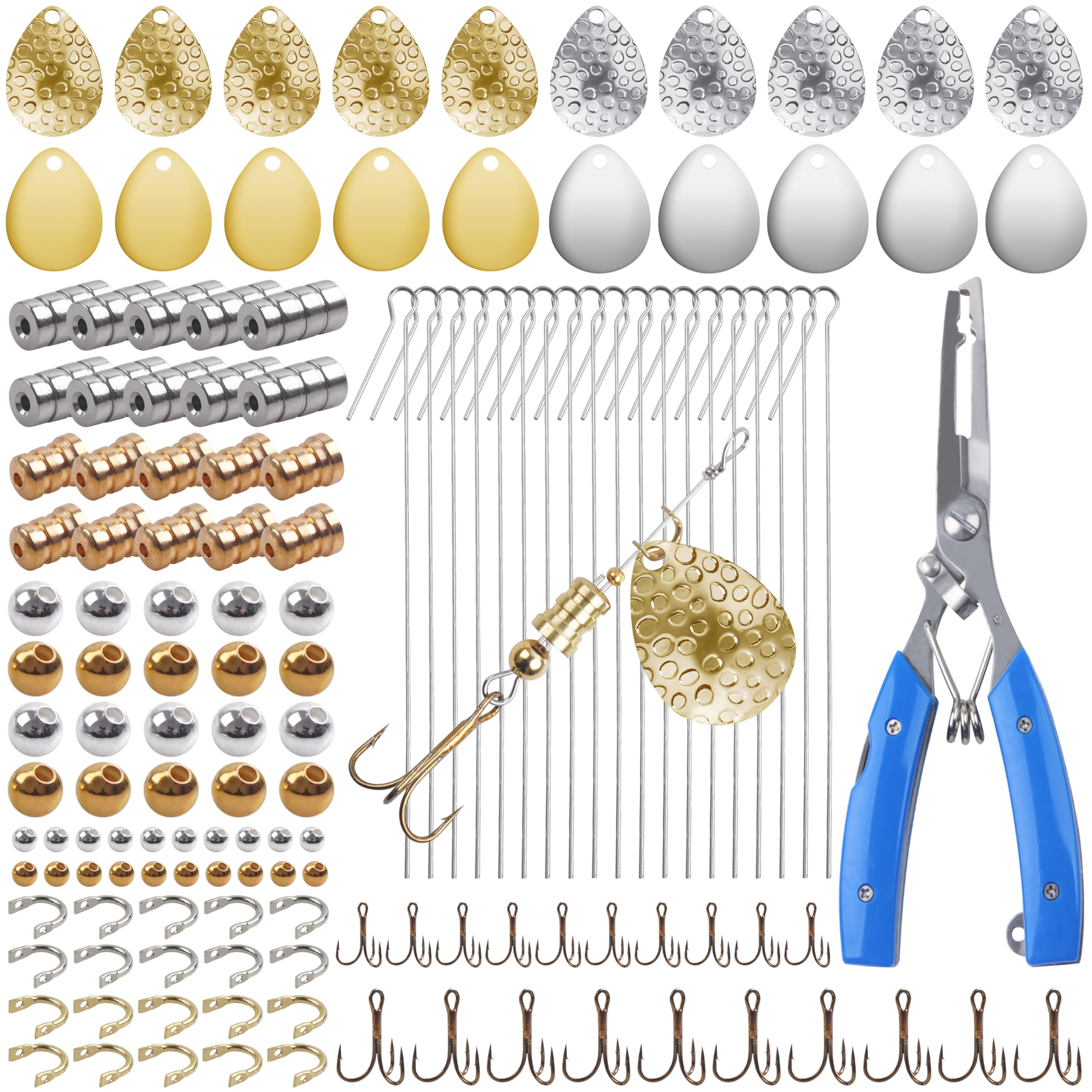 Fishing Spinner Lure Making Kit,141pcs Inline Spinner Making Supplies Kit DIY Spinnerbaits Accessory Pliers Spinner Blade Clevis Wire Shaft Treble Hooks Beads Fishing Spoon Rigs Tackle Set