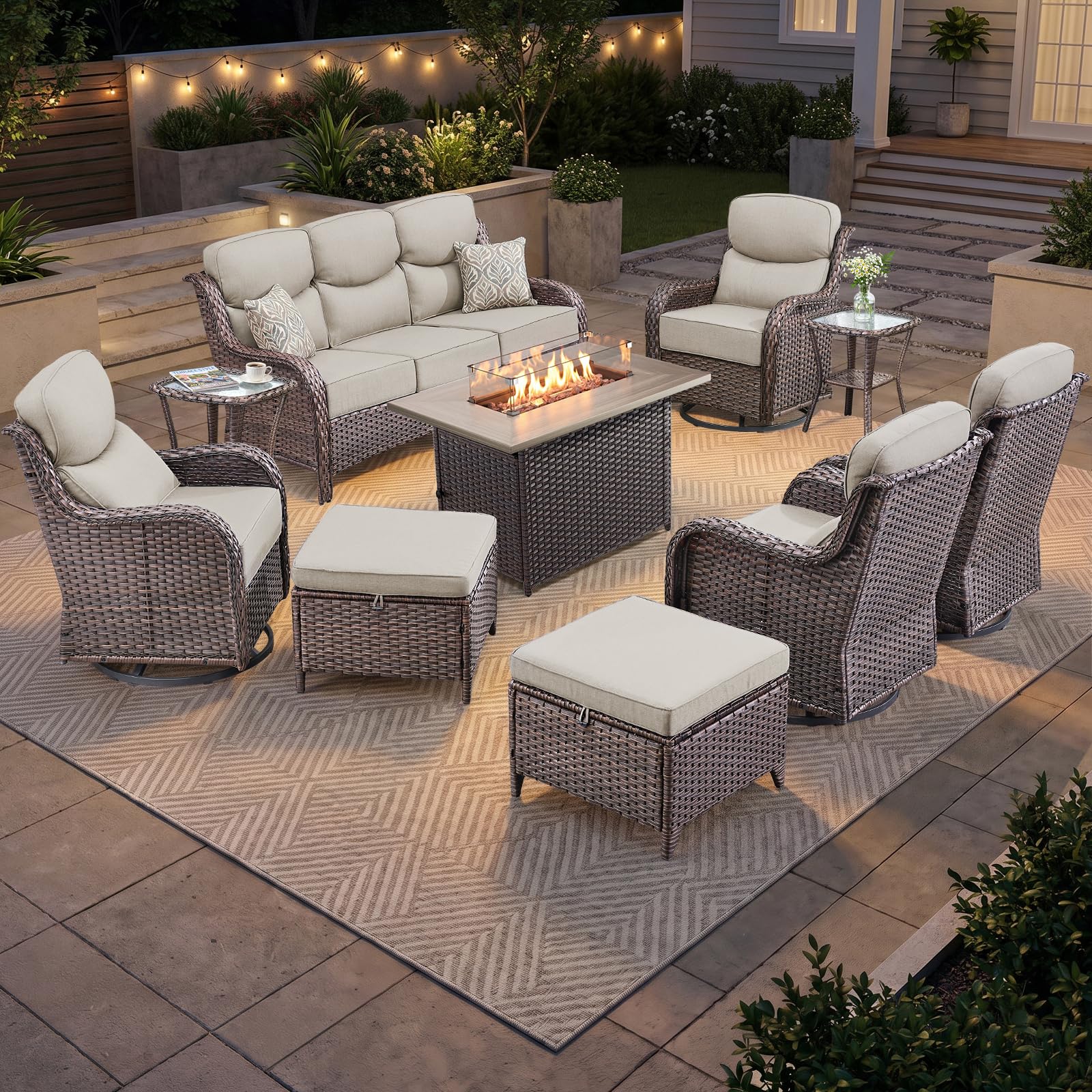 Luxury Patio Furniture Set 10pcs with 6-inch Thick Cushion, Outdoor Furniture with Fire Pit Table, Swivel Chairs, Sofa, Side Table, Ottomans, Patio Set for Deck Yard Brown Wicker | Beige Cushions