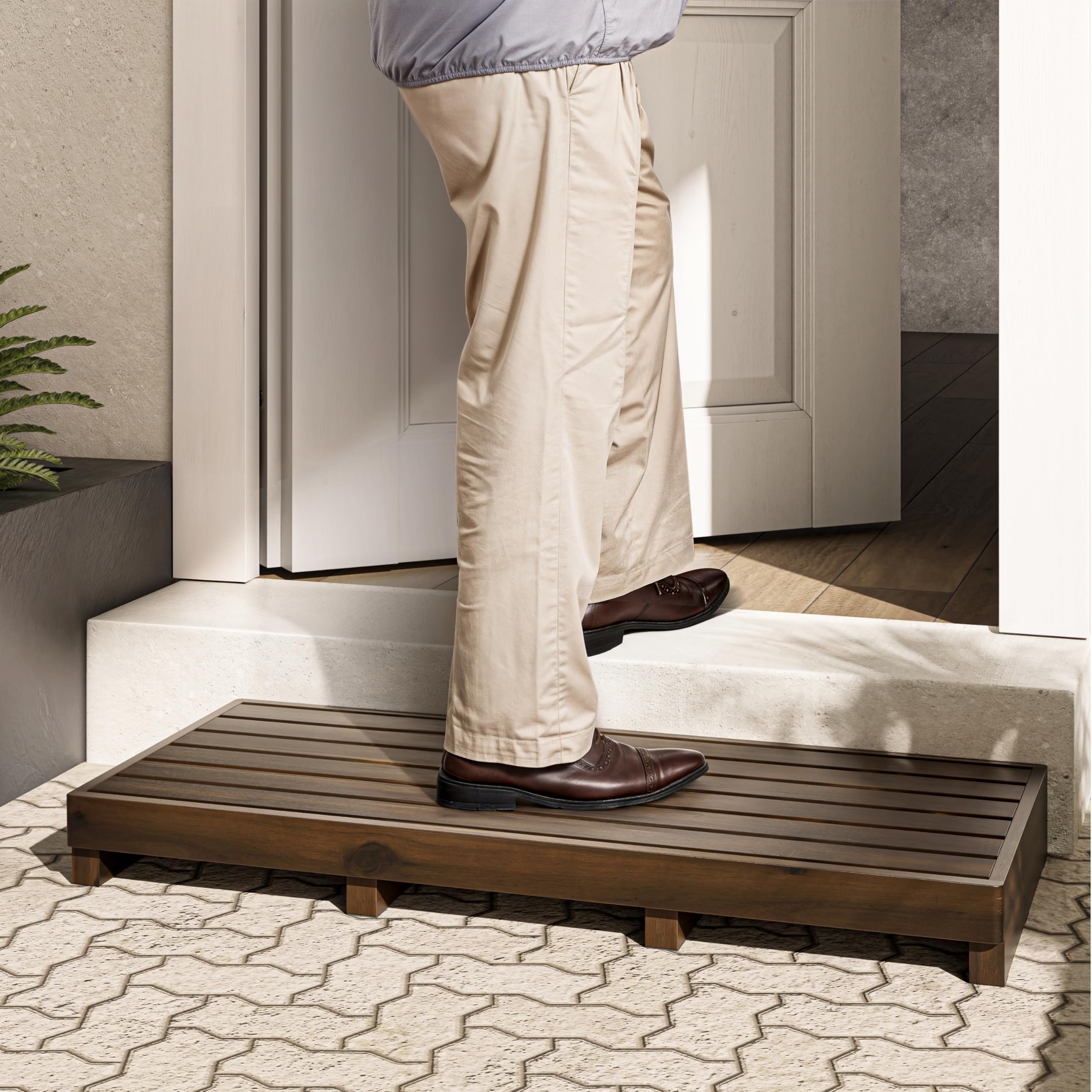tinamo one step stool for elderly (35" length) - acacia wood high riser step stool with non-slip pads - 550 lbs wooden mobility stepping stools for handicap, bed, bathroom, kitchen (walnut) (patented)