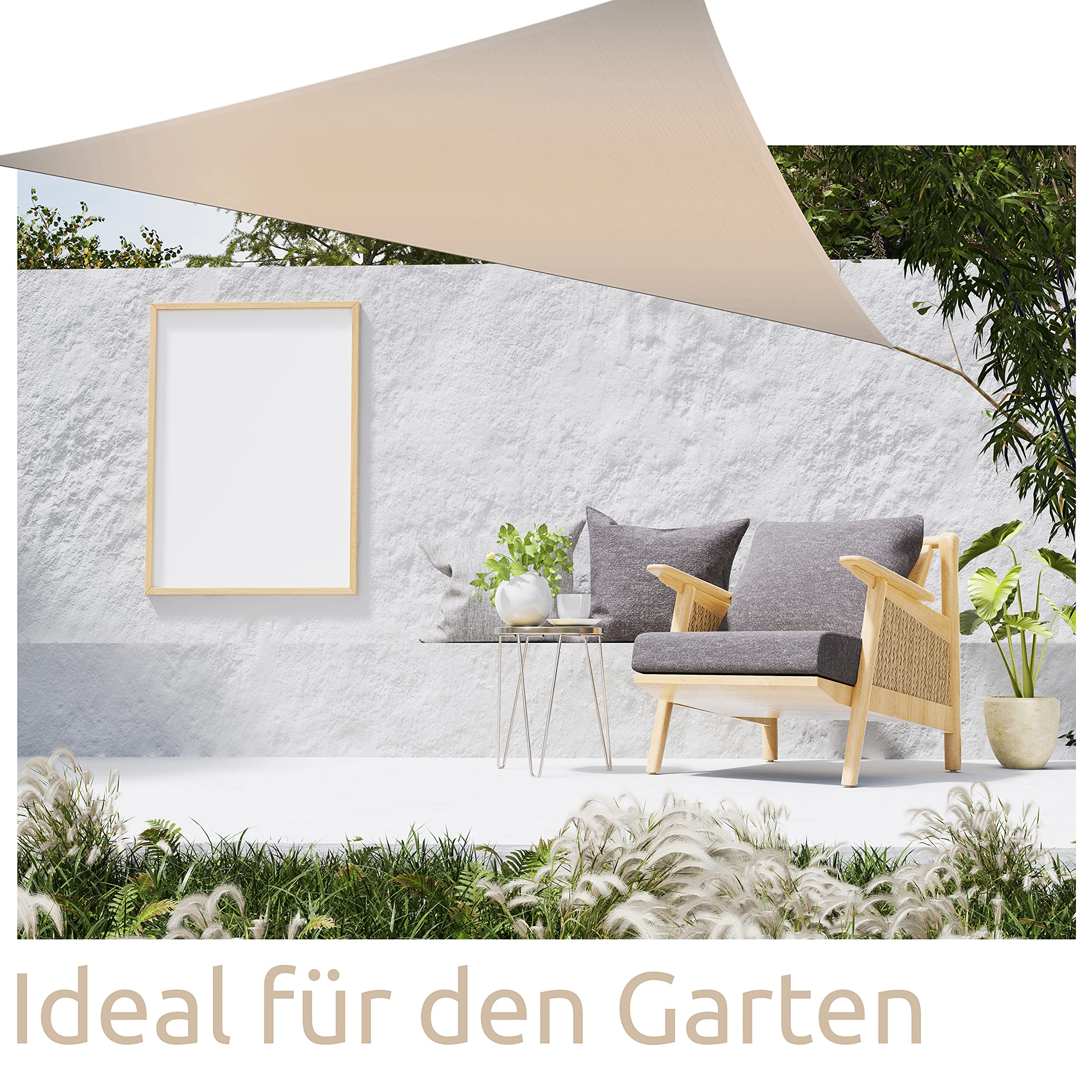ARTECSIS Sonnensegel dreieckig 3,6m x 3,6m x 3,6m Sandfarben beige, wasserabweisender Sonnen- und Windschutz mit Spannseilen und Ösen