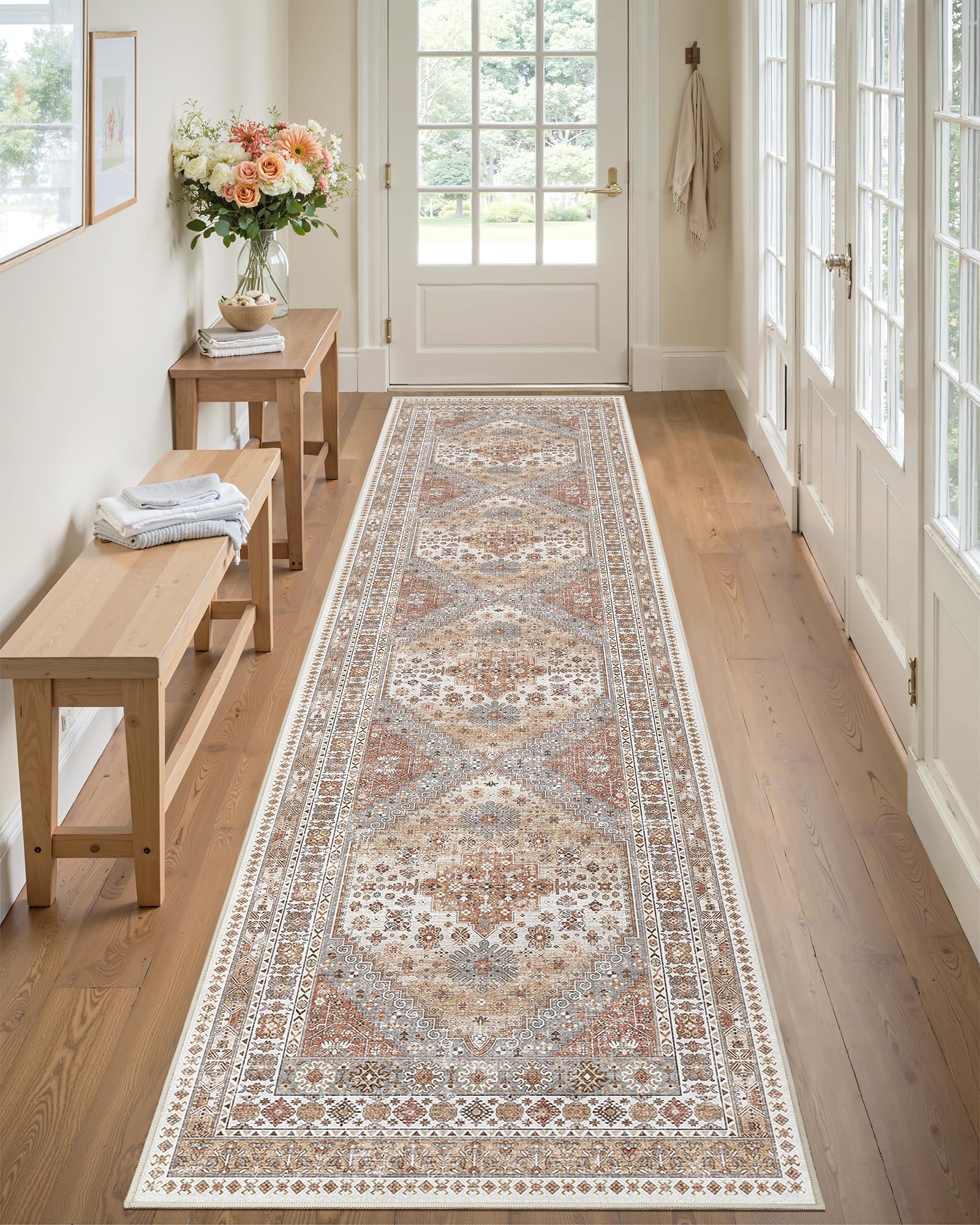 Runner Rug 2x8 Runners for Hallways Non Slip Washable, Vintage Hallway Runner Rugs for Living Room, Low Pile Soft Hallway Rug for Kitchen Bedroom Laundry Room Rug(Orange,2'x8')