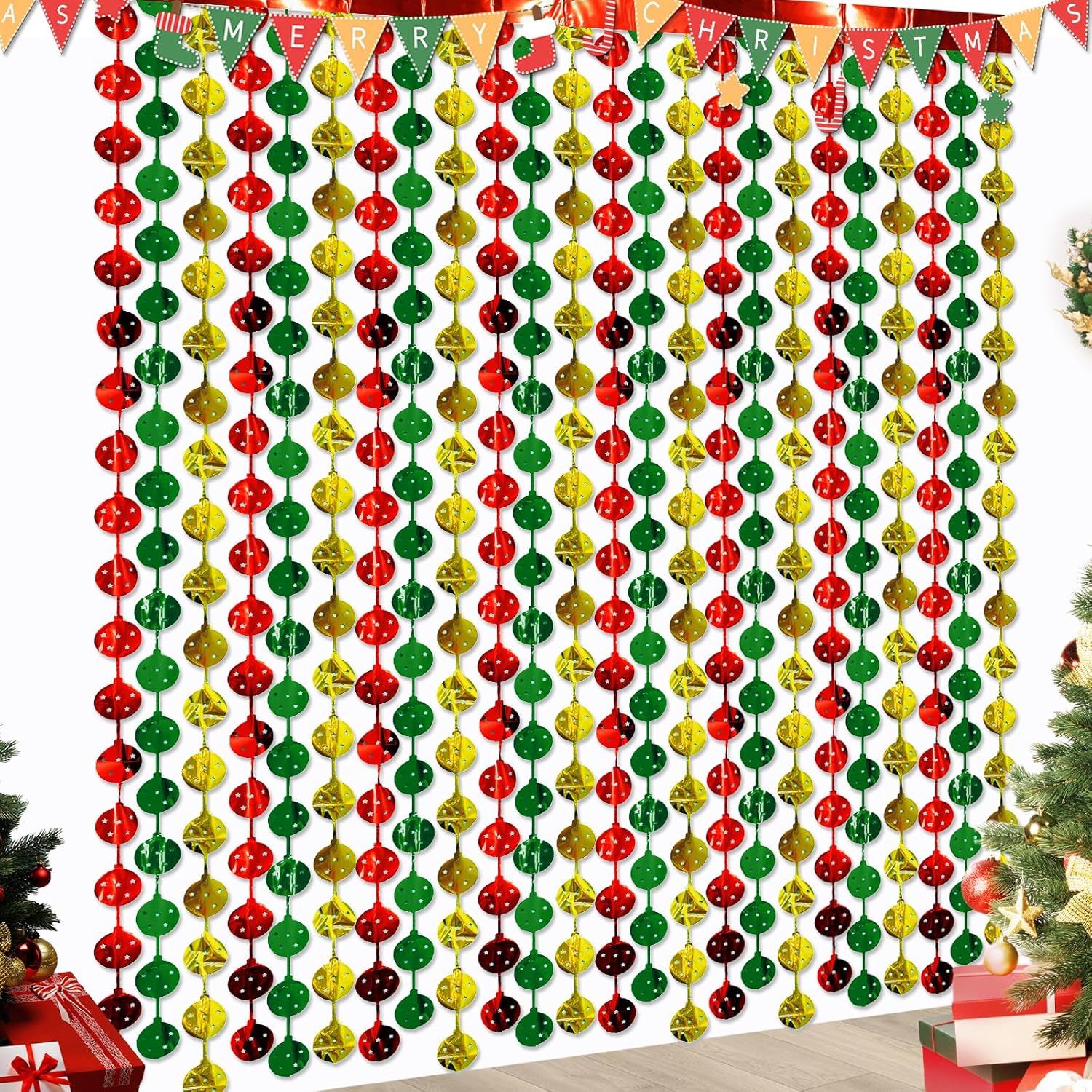 Christmas Party Decorations Foil Fringe Curtains: 2 Pack 3.3 X 6.6 ft Red Yellow Green Christmas Ball Tinsel Backdrop Photo Booth Prop Streamers for New Year Ugly Sweater Decor Supplies