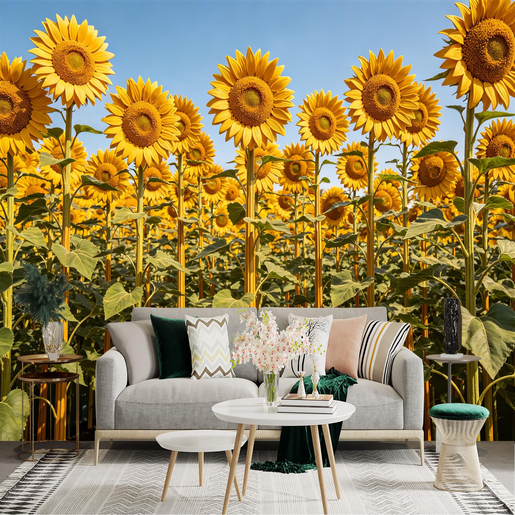 Lnzczhyre Dbh260521526 Custom Size Wall Sticker Mural， Bright Yellow Sunflowers， Blooming Floral Field， Sunny Summer Garden， Vibrant Petals， For Wall Decoration， Peelandstick Wall Decals.