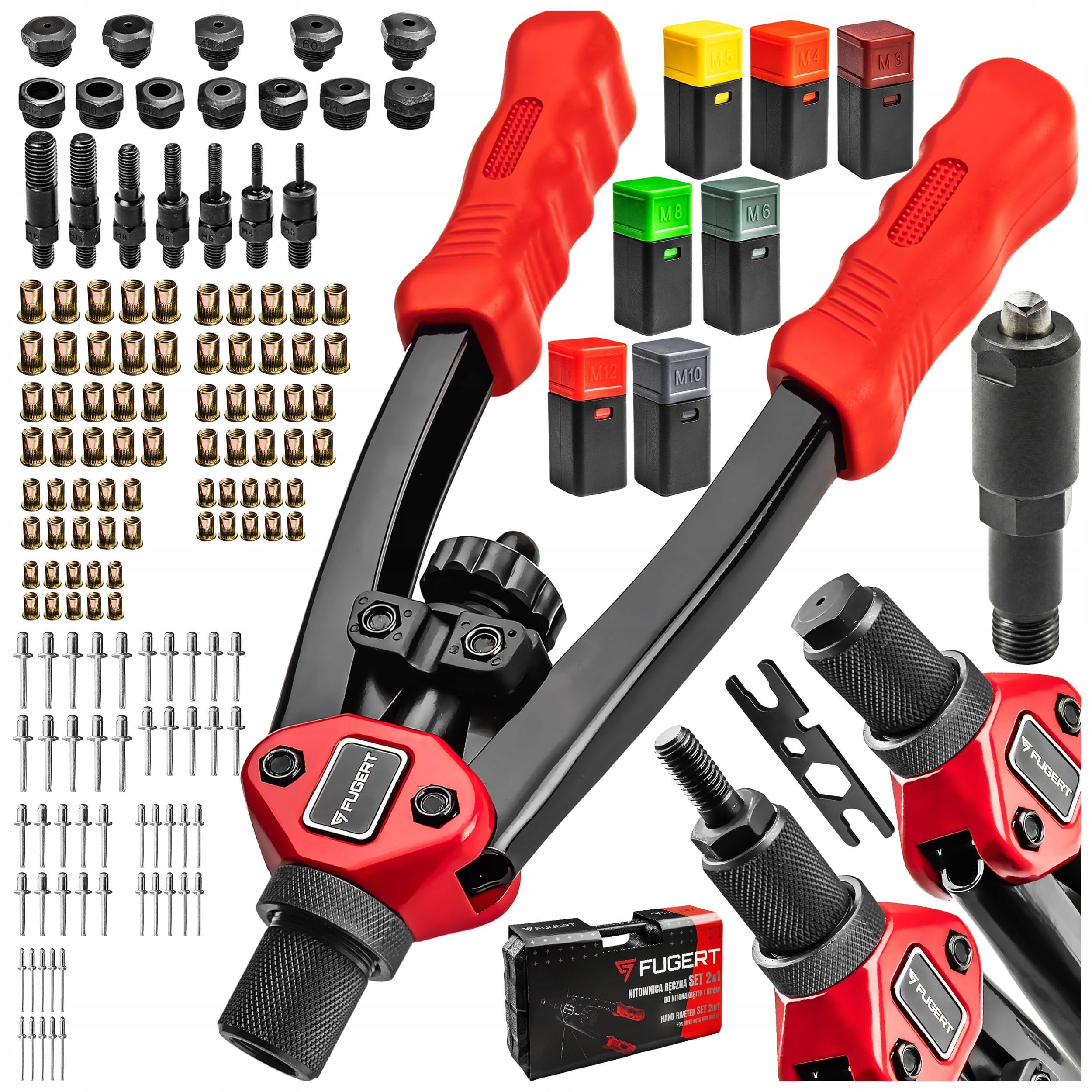 2in1 Nietmutternzange und Blindnietzange Set M3–M12, 160 Teile mit Koffer, Nietkopf 3,2-6,4mm, für Blech, Profile und Reparaturen, Handwerkzeug für Kfz Heimwerker