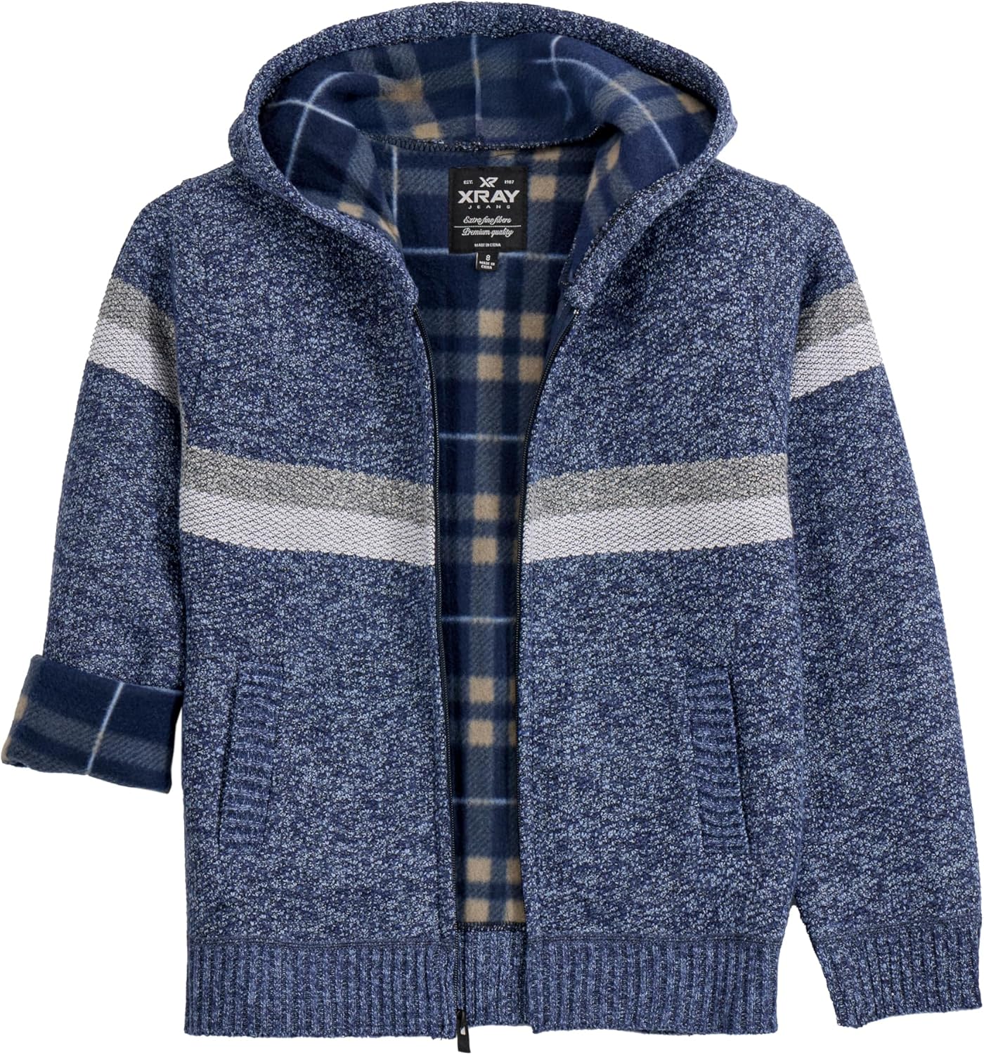 X RAY Boys (6-12) Full Zip Fleece Flannel Lining Sweater with Hood, Kids Knit Sweater for Spring, Fall and Winter