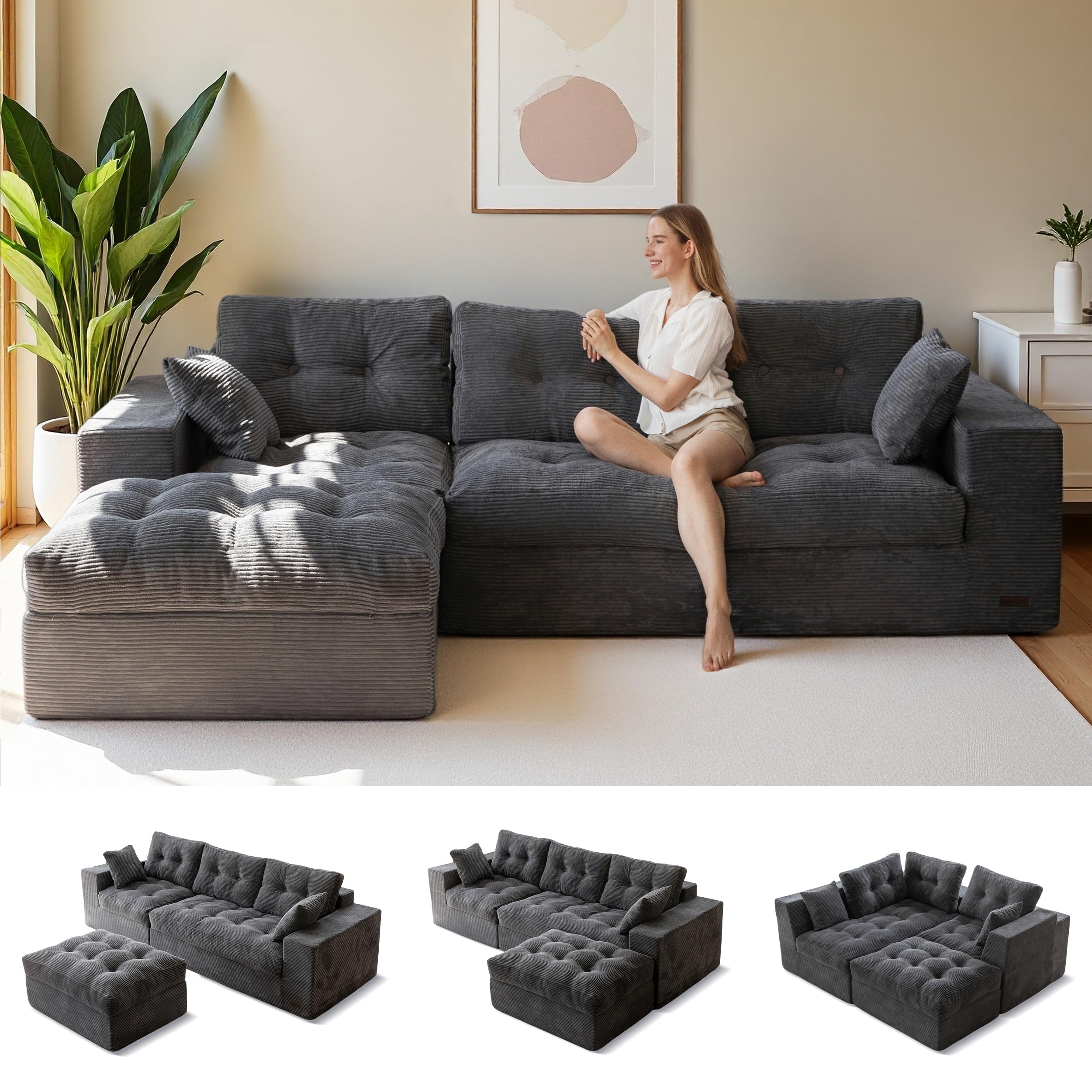 MAXYOYO L Shaped Modular Sectional Sofa with Ottoman,Upholstered Sofa with Layered Cushion, Cloud Boneless Couch in a Box,Flexible Module Combination for Living Room, No Assembly, Dark Grey