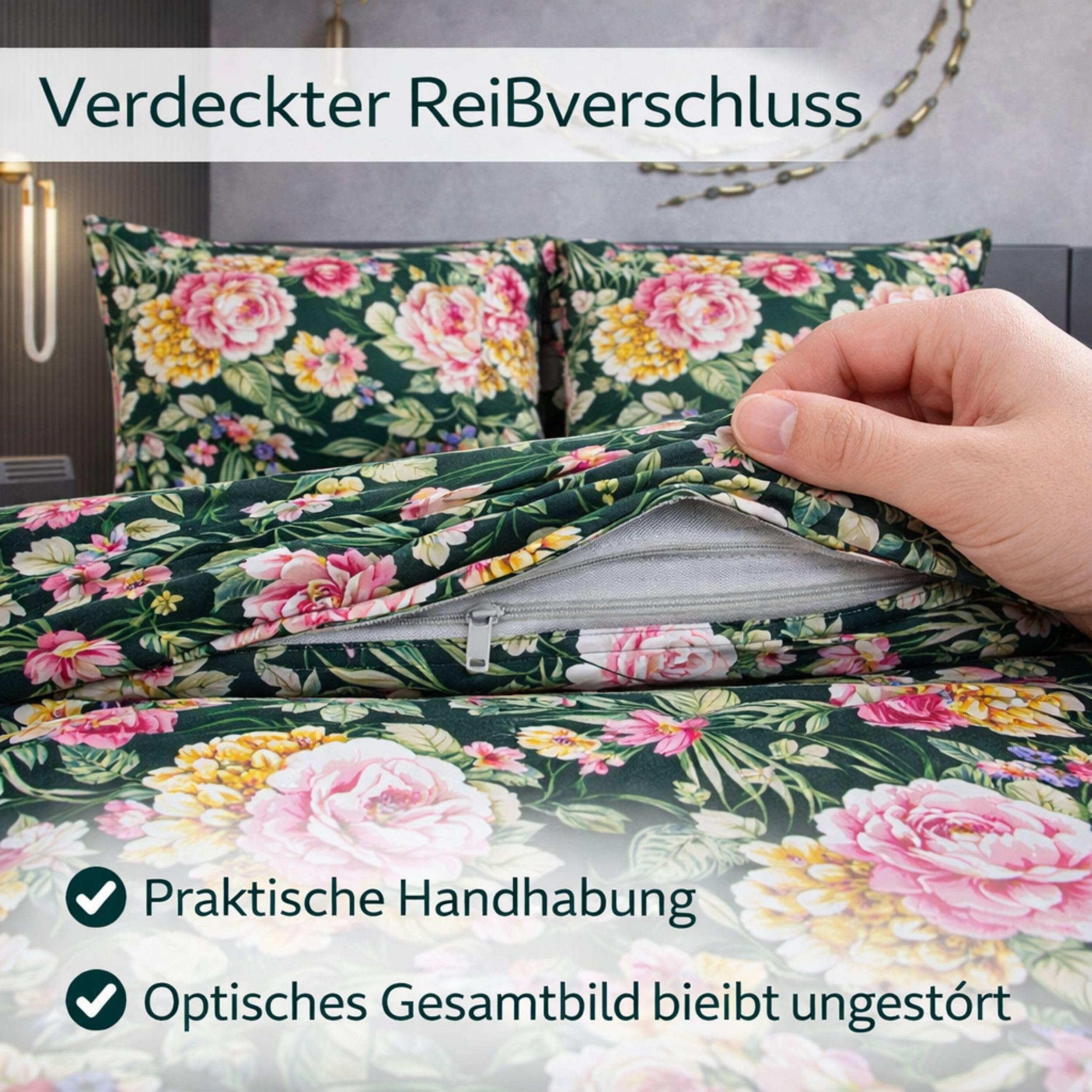 ZIRVEHOME Bettwäsche 200x220 cm 3-teilig – 100% Baumwolle Renforcé, Dunkelgrün Floral Blumen Design, Atmungsaktiv & Hautfreundlich, Bettbezug 200x220 + Kissenbezug 80x80. Grün Garden V1