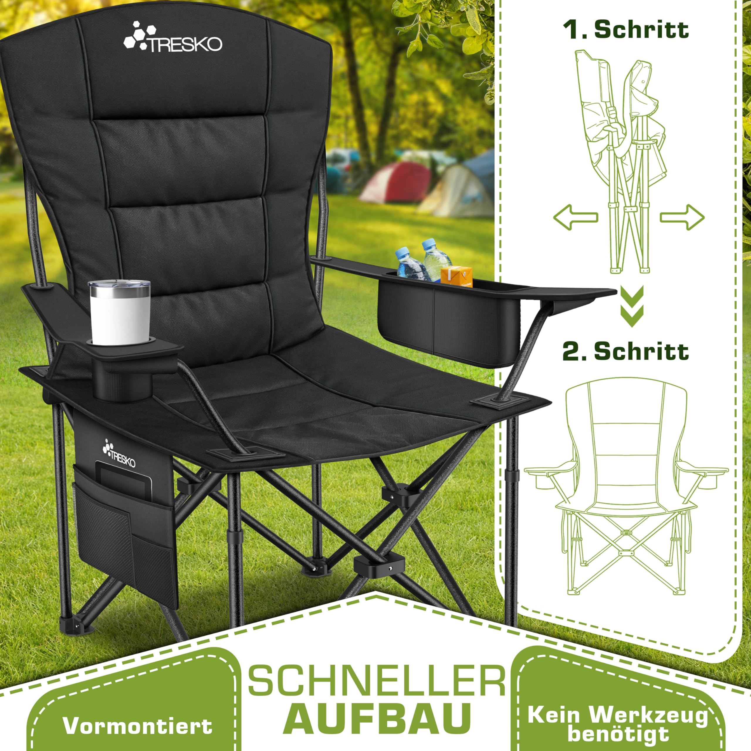 TRESKO® Campingstuhl Faltbar bis 200kg | Faltstuhl mit Kühltasche, Getränkehalter & Seitentasche | Klappstuhl XXL inkl. Tragetasche | Angelstuhl gepolstert für Outdoor, Angeln, Festival & Garten
