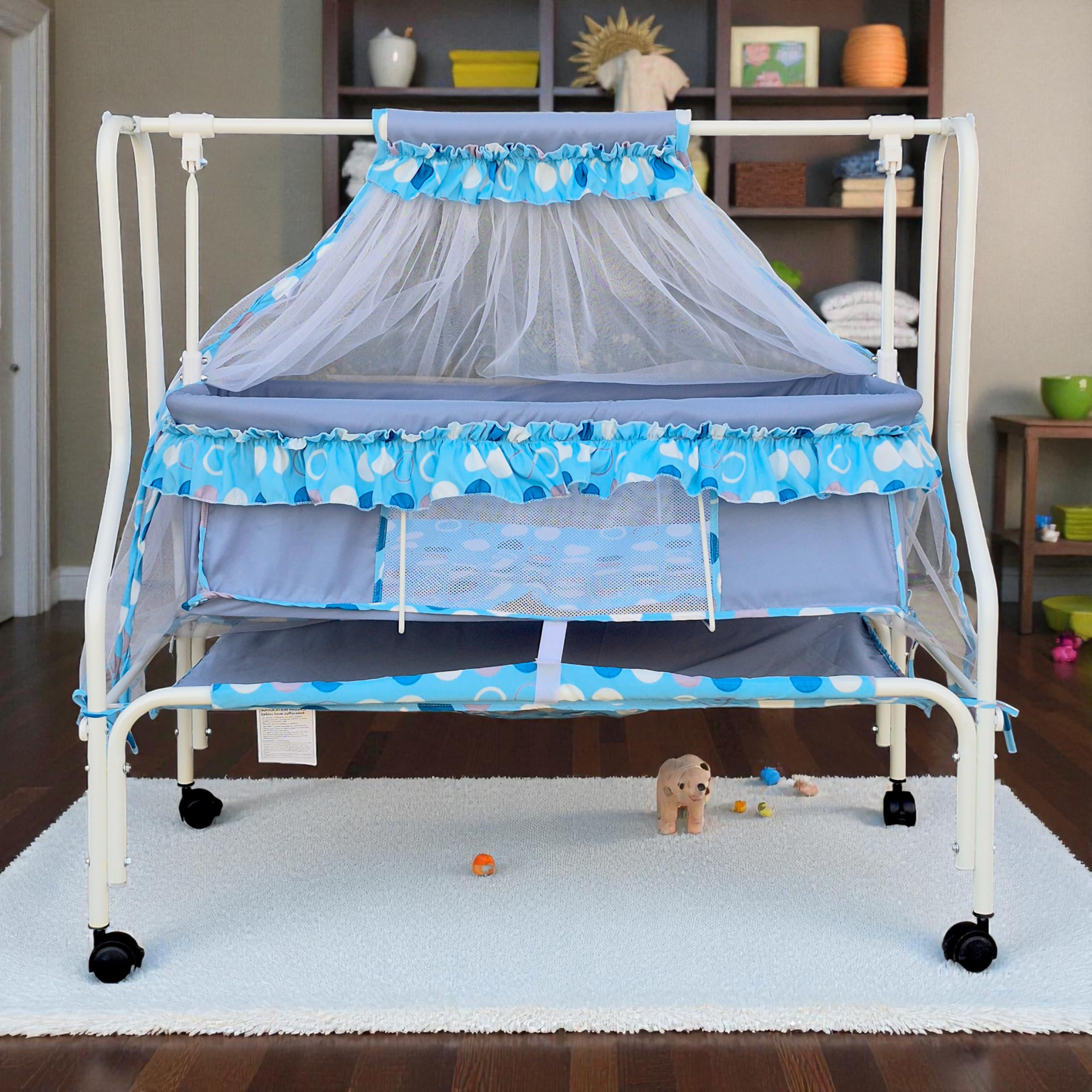 Kiddery Ares | Cradle for Baby | New Improved Mattress Design | Mosquito Protection Net | Smooth Swing | All Wheel Lock | Palna | Jhula | Uyyala | 0-10 Months | Blue 4