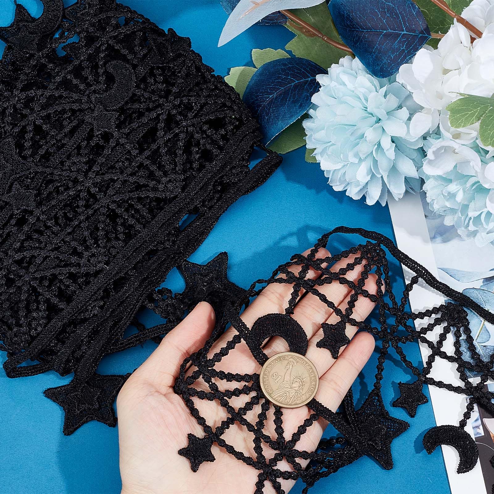 GORGECRAFT 3 Yards Black Embroidered Lace Trim Ribbon MoonStar Venice Floral Sewing Crochet Lace Fabric Embroidery Wedding Applique Patch Sticker for DIY Crafts Sewing Gift Wrapping 4.3 Inch Width