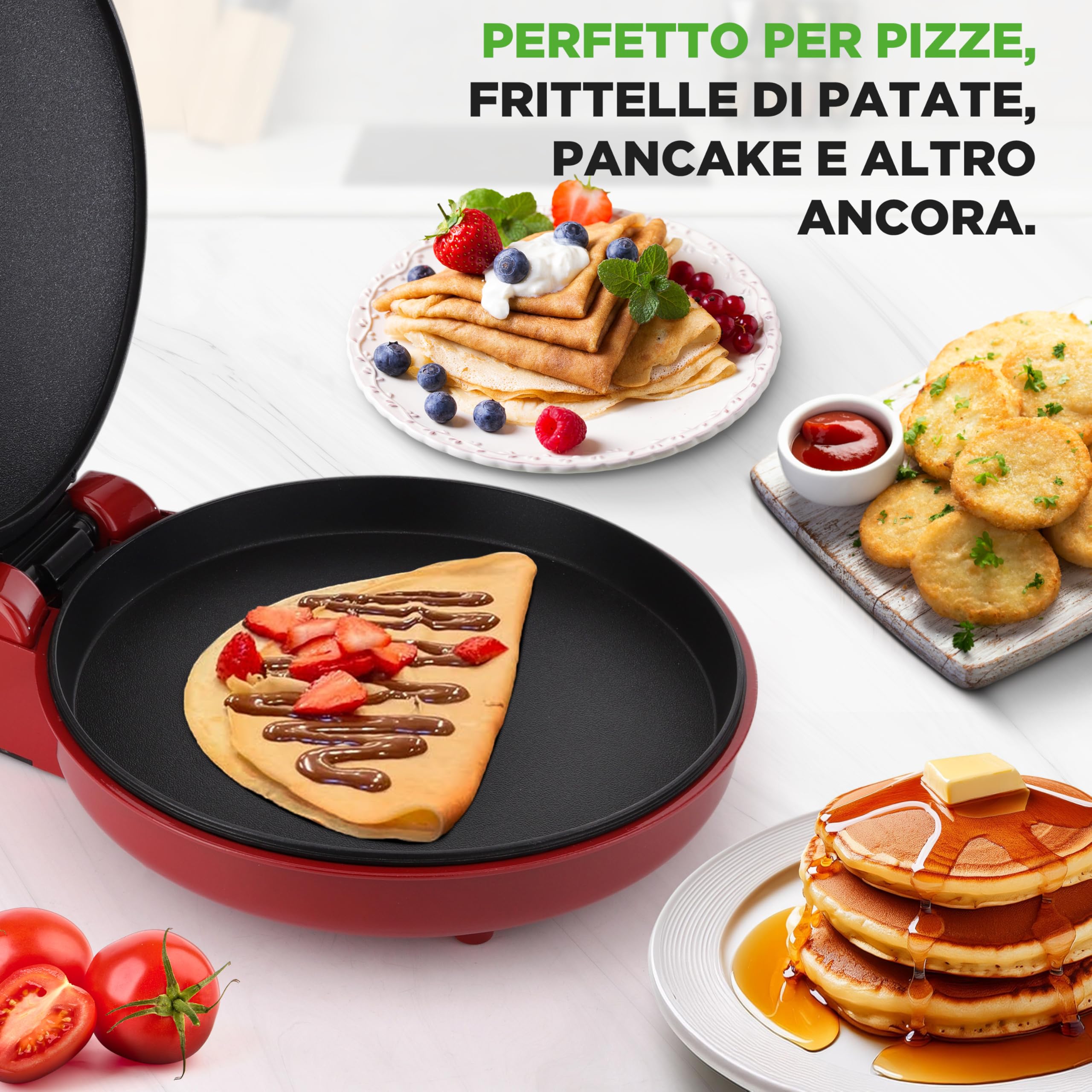 NutriChef Forno Pizza, Cuoci Pizza, Uova, Toast, Pancake e Piadina, 1500 Watt, 30 cm, Manici Termici Salvaspazio, 80–200°C, Pizza Fatta in Casa Croccante, Pizza Surgelata, Pizzaiolo, Rosso