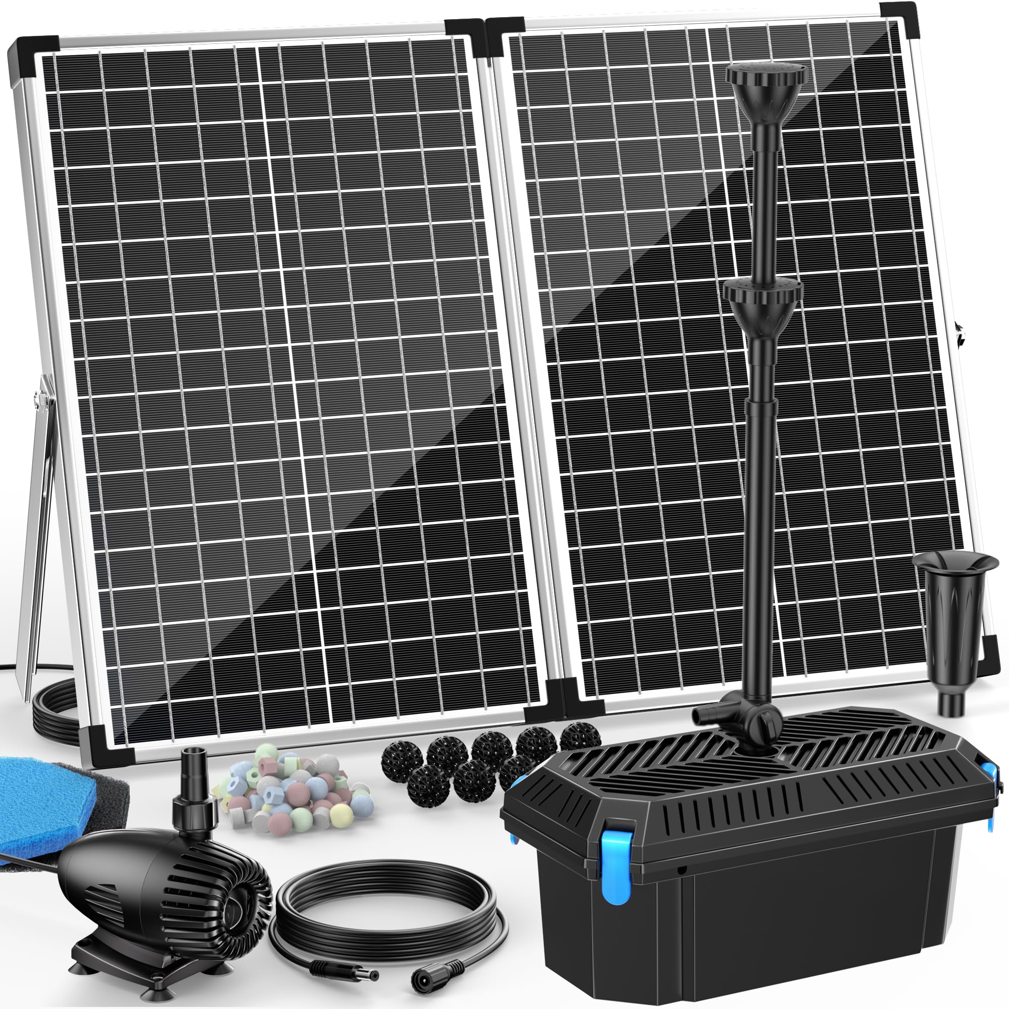 Antfraer 70W Solar Pond Pump with Filter Kit, 27FT Cord Foldable Monocrystalline Solar Panel, 3-Stage Pond Filter for Outdoor Ponds, Koi Ponds, Waterfalls &amp; DIY Water Features
