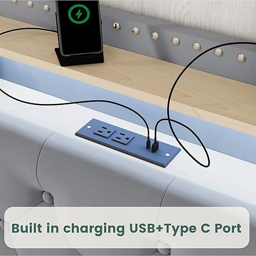 Miniatura 4 de LARMACE - Marco de cama tamaño King tapizado en terciopelo con plataforma LED y cabecera con botones, con 4 cajones de almacenamiento y estación de