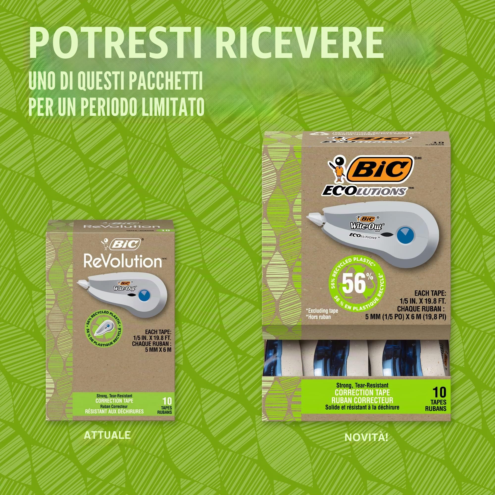 BIC Wite-Out Brand Revolution, mini correttore a nastro, contiene il 56% di plastica riciclata, nastro bianco, confezione da 10