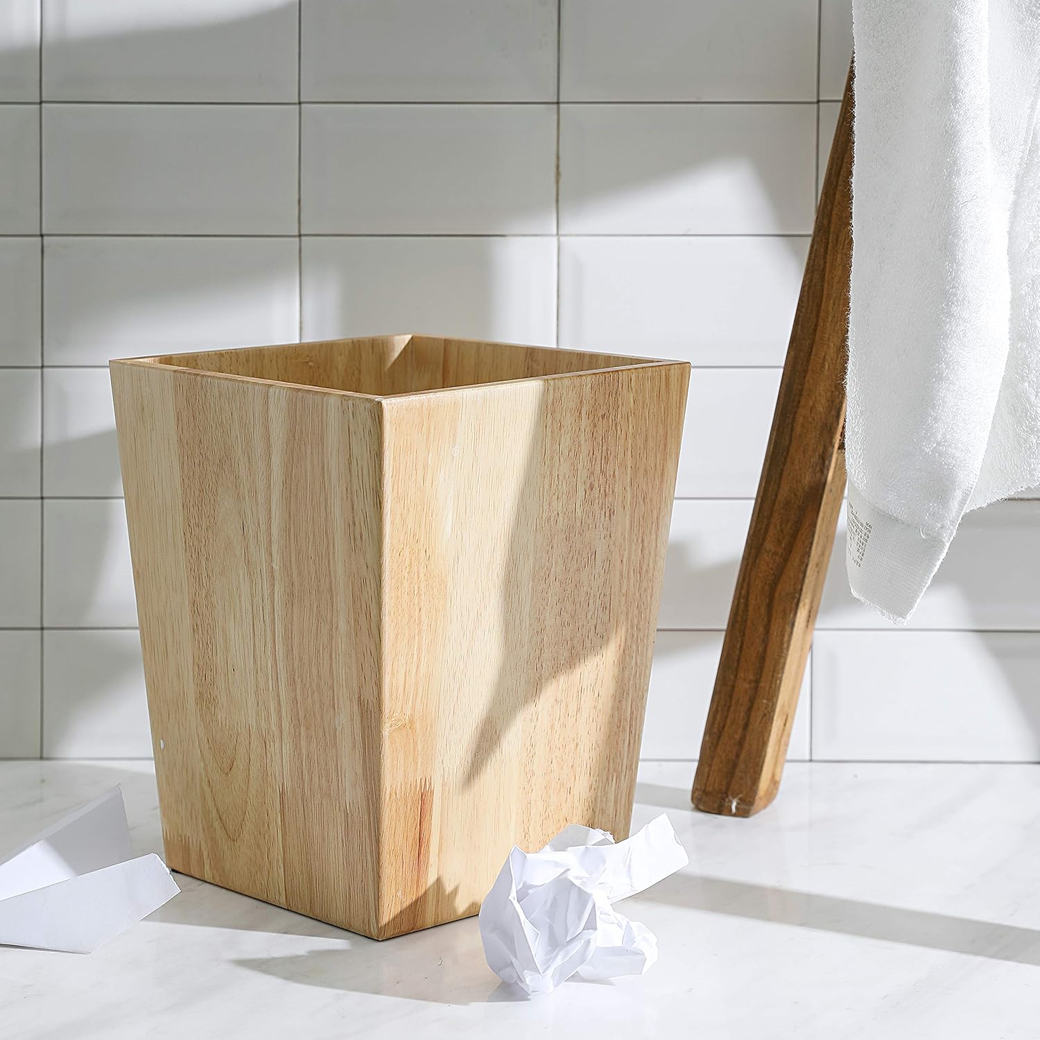 KMwares Decorative Square Wastebasket/Trash Can/Garbage Can for Home Accent, Kitchen, Bathroom Accessories, Office Decoration - Rubber Wood