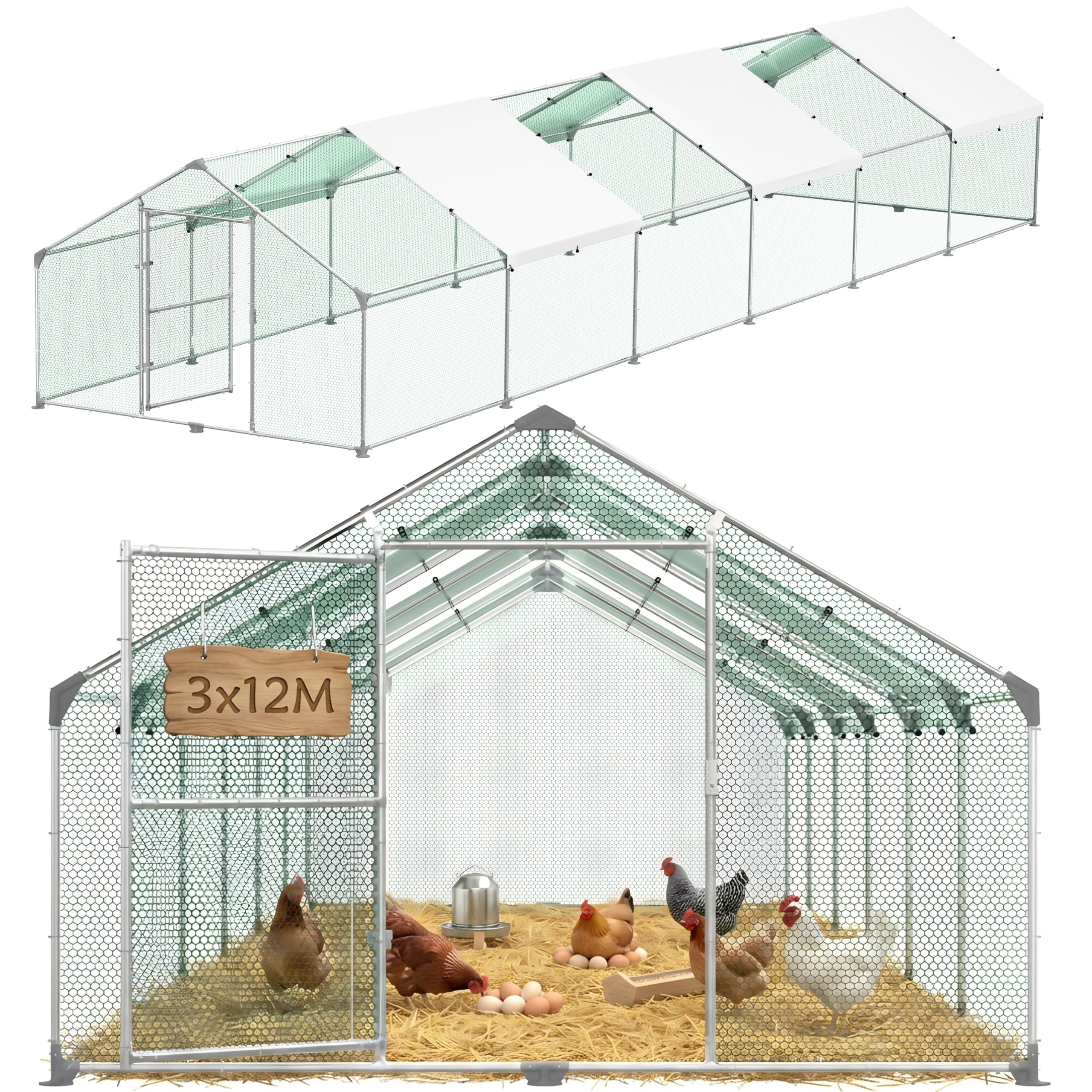 YRHome Kurnik 3 x 12 x 2 m ze spiczastym dachem domek dla kurników z drzwiami, 36 m²