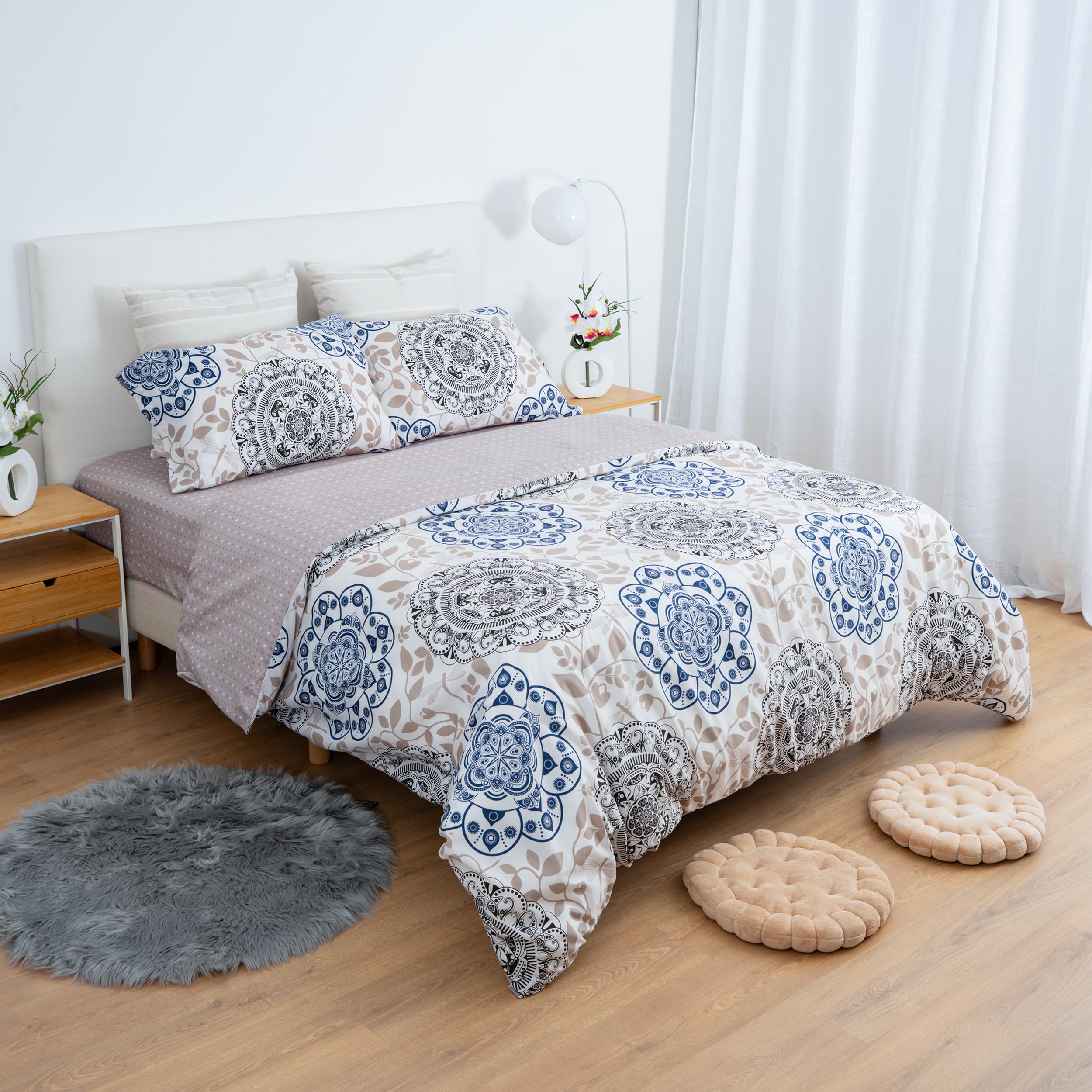 Juego de Funda Nórdica 4 Piezas para Cama 135 - Funda Edredón 220x220 cm, Sábana Bajera 135x200+28 cm, 2 Fundas de Almohadas 50x75 cm - Microfibra Suave y Transpirable - Mandala