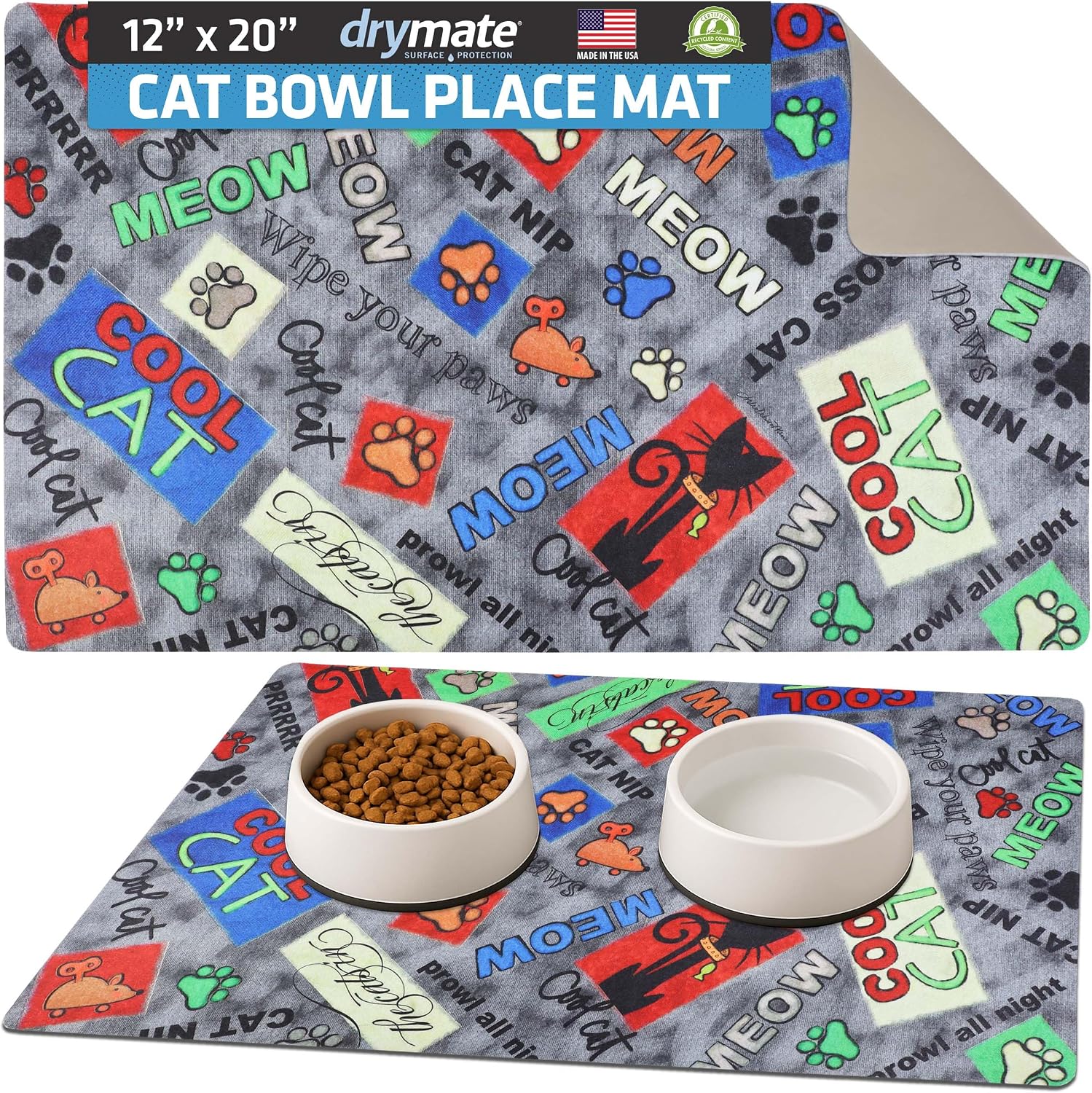 Drymate Cat Bowl Placemat, Pet Food Feeding Mat - Absorbent Fabric, Waterproof Backing, Slip-Resistant - Machine Washable/Durable (USA Made) (12” x 20”) (Cool Cat Grey)