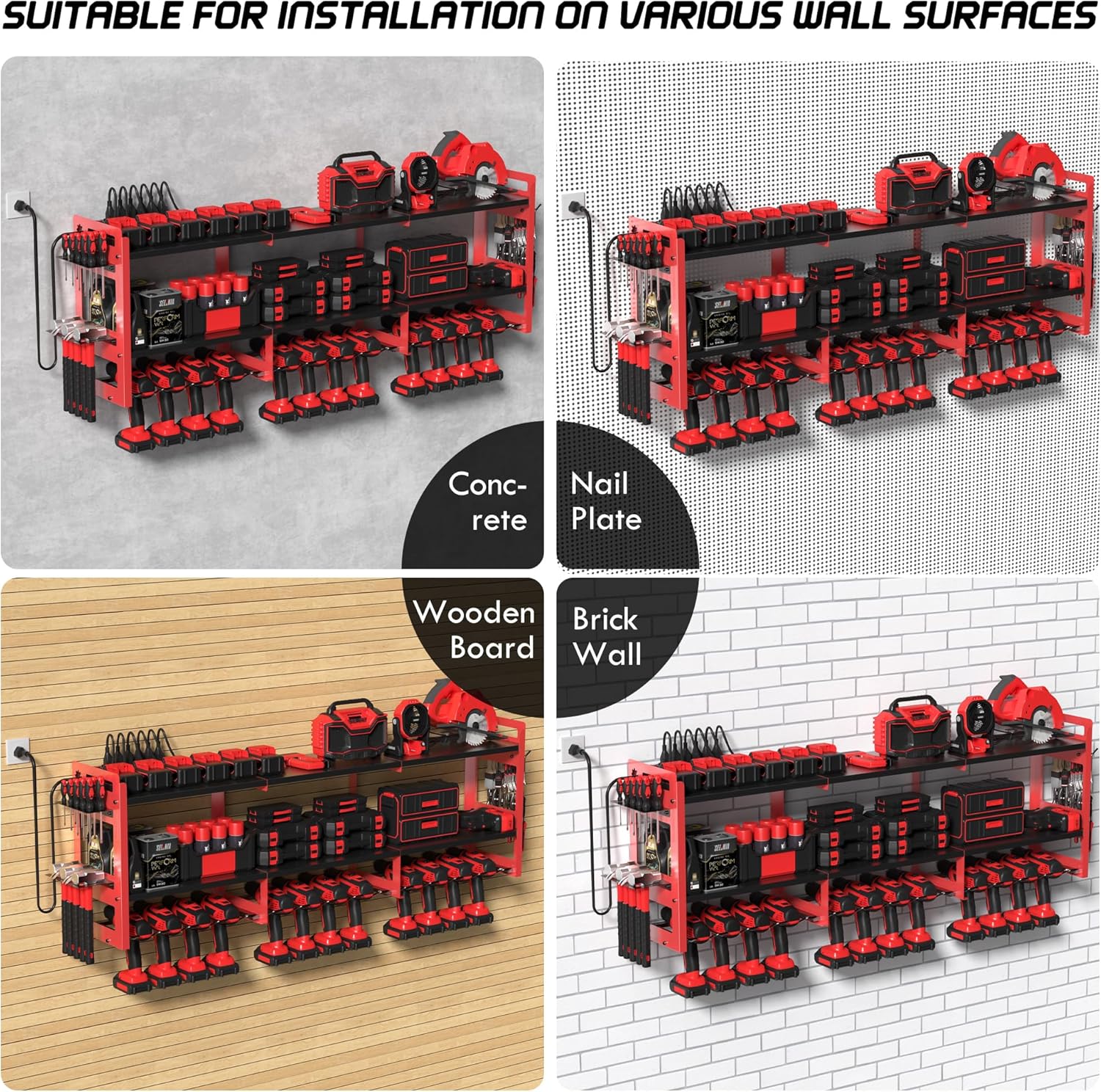TOPRINCE 56.7" W Large Power Tool Organizer Wall Mount with Charging Station, 3-Tier Heavy Duty Metal Tool Rack with 12 Drill Holders and 6FT Power Strip, Garage Workshop Storage.Red