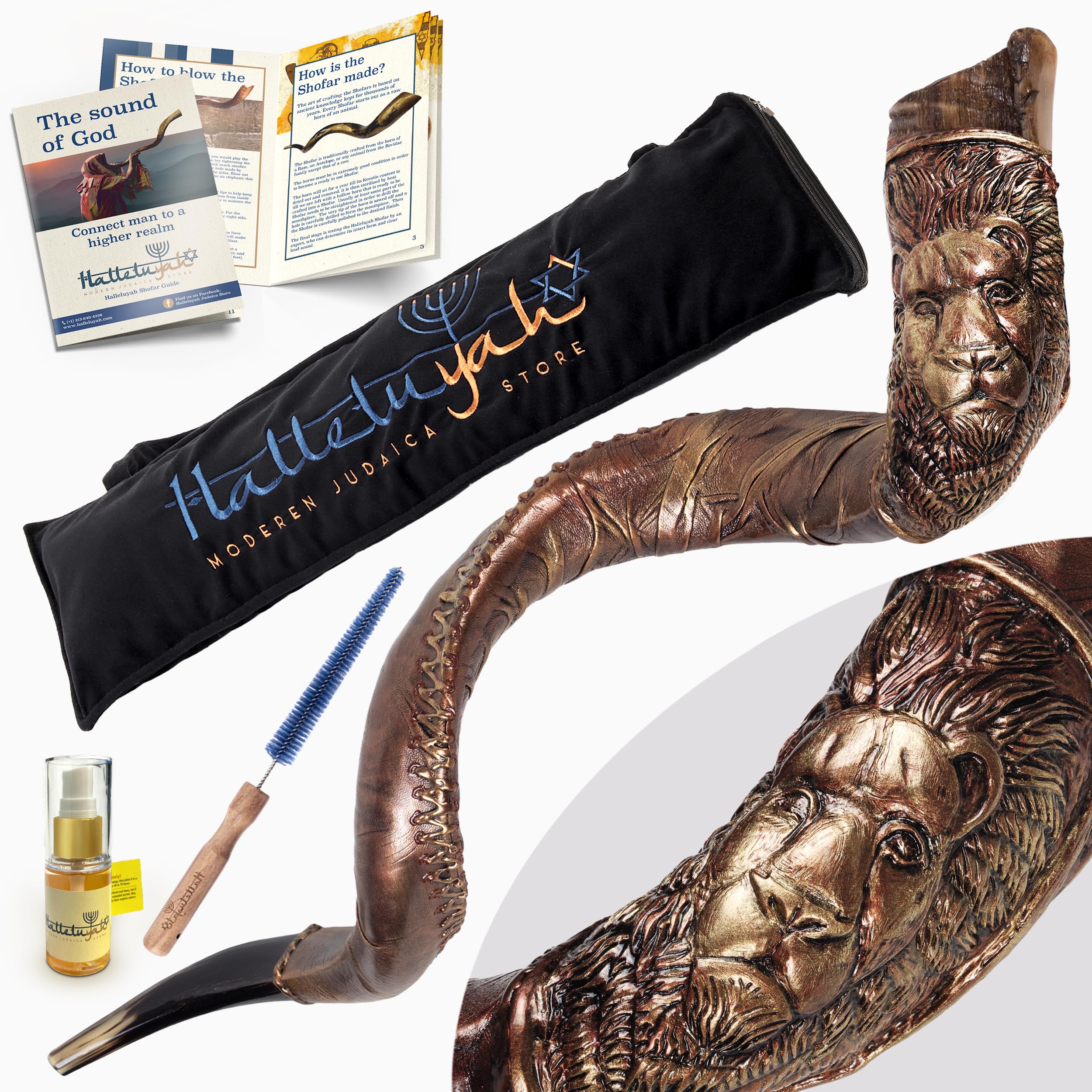 Shofar Kudu Horn with leather coating of the "Lion of Judah" Decoration | Curved Combo Yemenite Shofar Horn – Made by HalleluYAH Artists