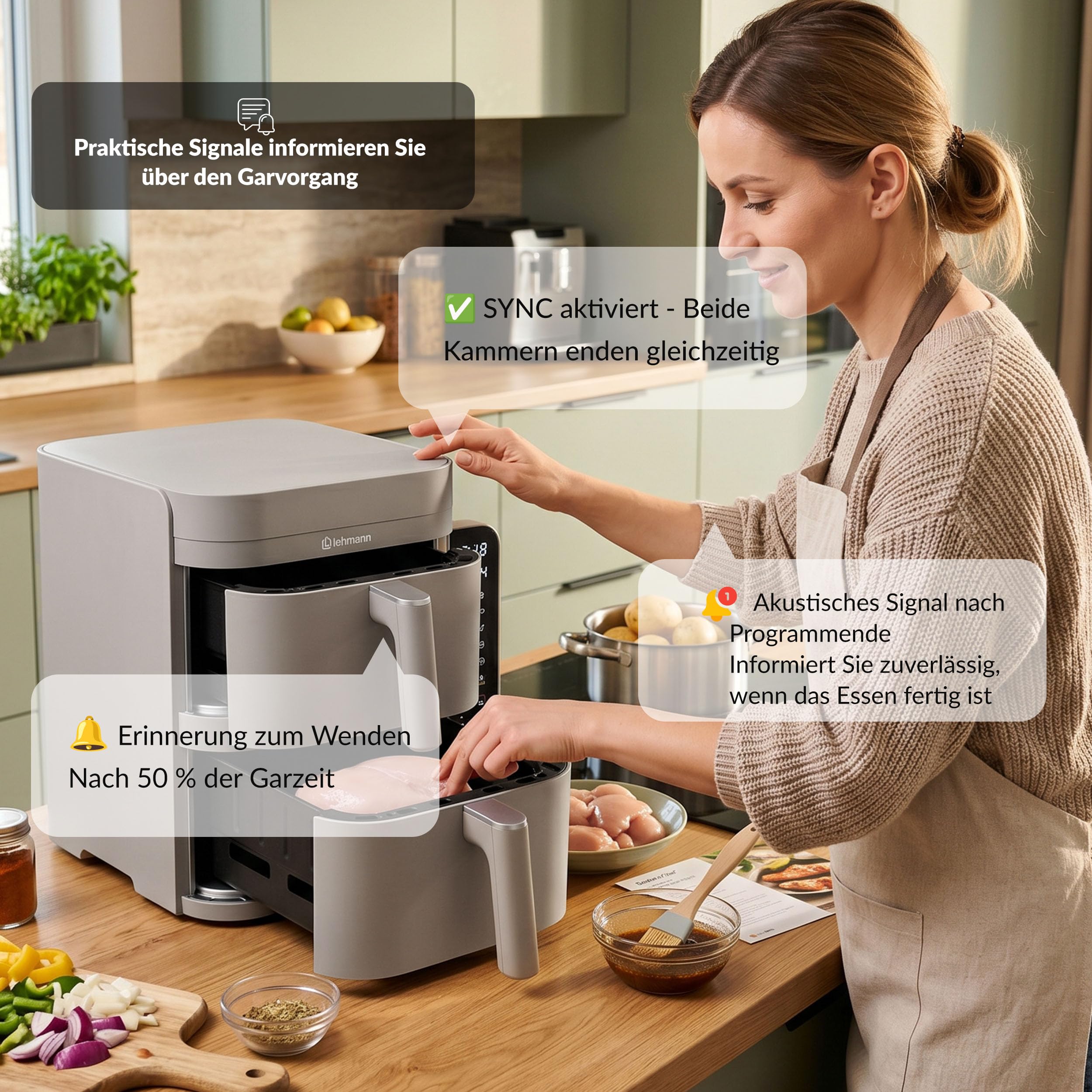 LEHMANN Frytkownica na gorące powietrze, 2 komory XXL, 12 l, 2 pionowe szuflady, 40-230 °C, powłoka nieprzywierająca, 10 programów, oszczędność miejsca, bezolejowa podwójna komora Airfryer dla dużej