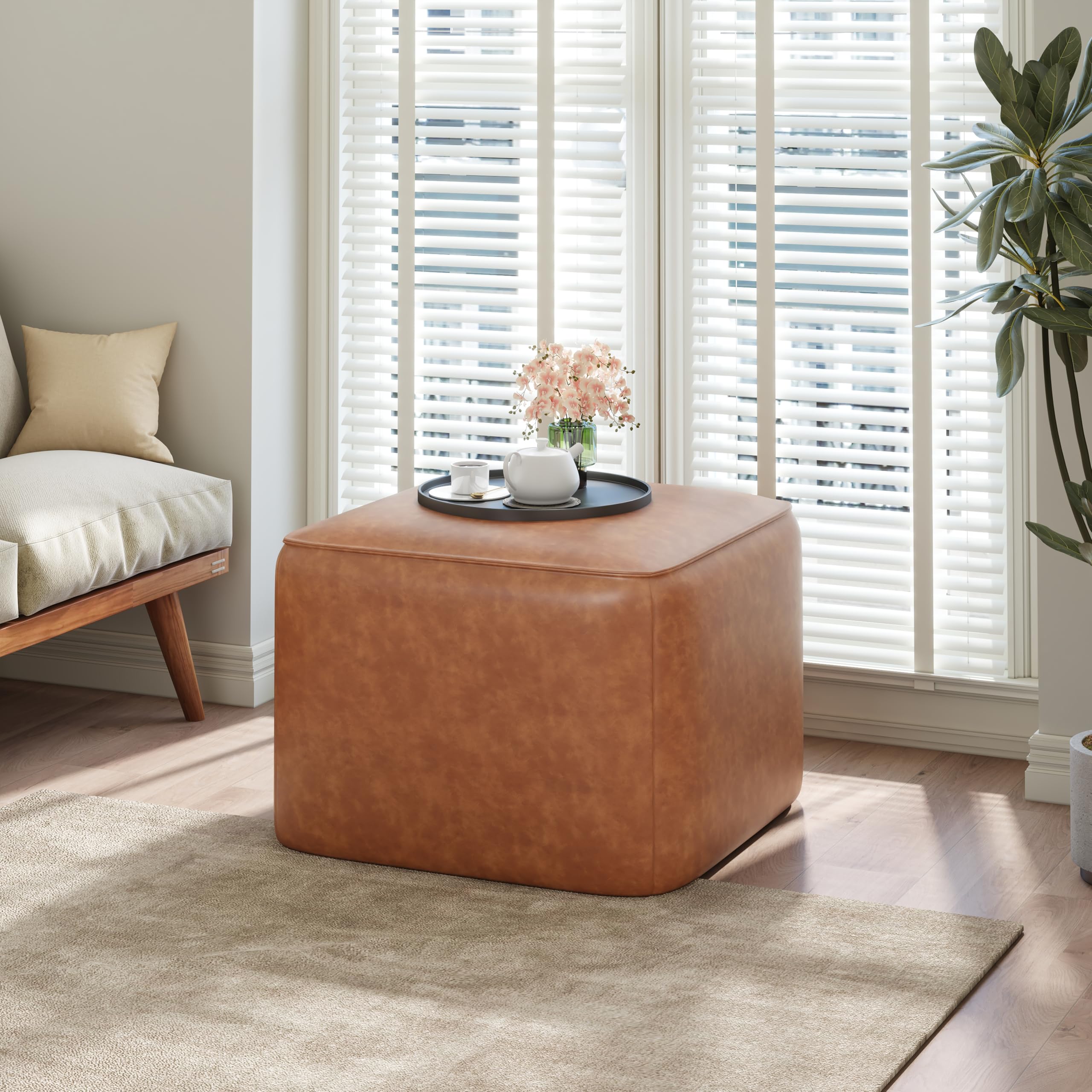 Square Ottoman with Storage,Modern PU Leather Ottomans &amp; Side Table,Footrest Seat for Living Room,Bedroom,Officee,Comfortable Durable Brown,22.25”W x 22.00”D x 16.50”H