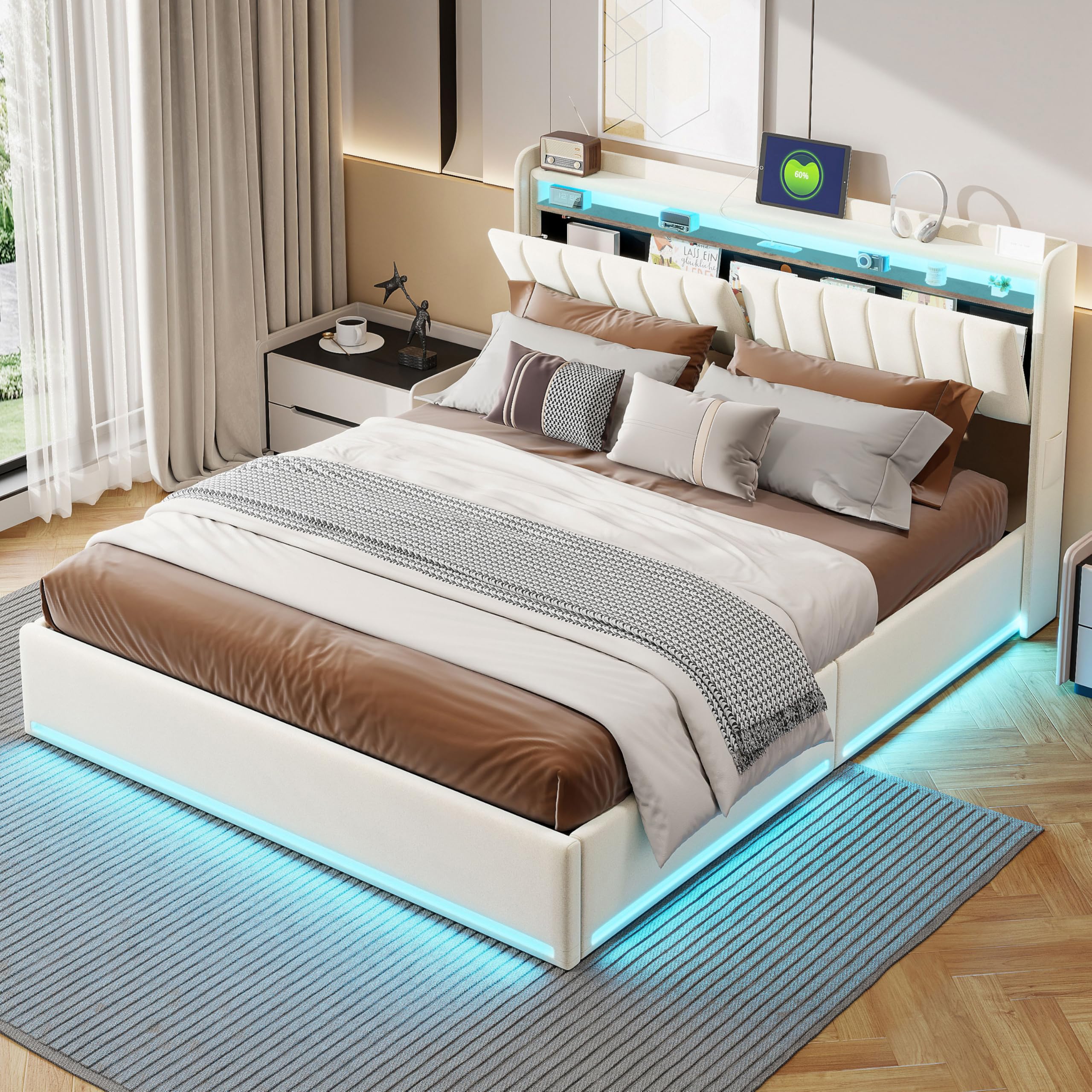 Letto imbottito 140x200 cm con Contenitore idraulico, Letto matrimoniale a LED con stazione di ricarica, Testiera in velluto, Struttura letto con rete a doghe (beige, 140x200 cm)