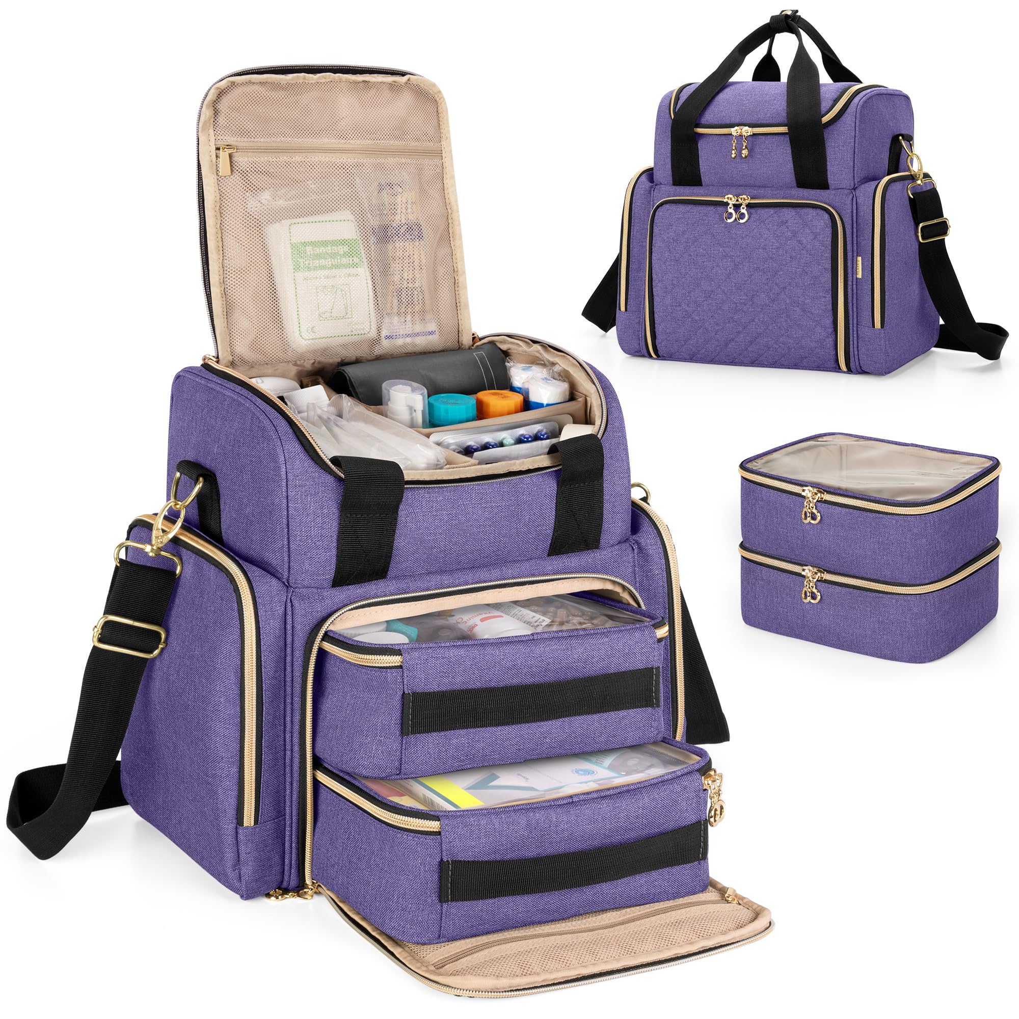 LUXJA Large Medicine Bag with 2 Removable Cases, Medicine Storage Bag with Multiple Storage Sections (Suitable for Travel or Home), Purple