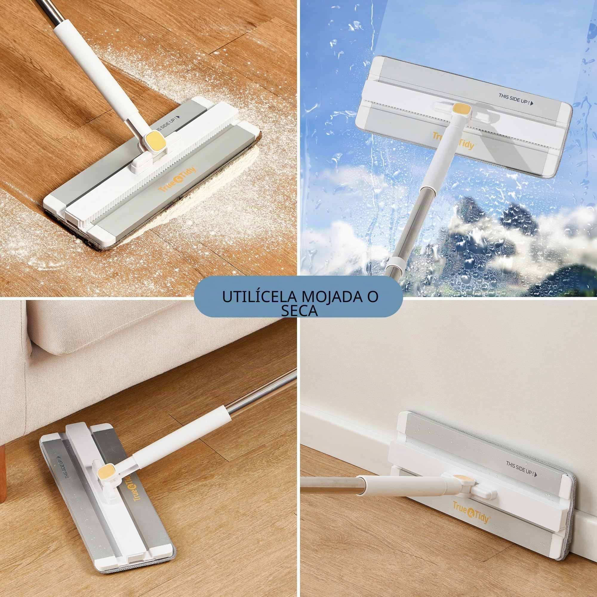 Juego de fregona y Cubo con Sistema de Bomba para el hogar, autolimpieza Manos Libres con 3 Compartimentos para Separar la Limpieza del Agua Sucia, con 2 Almohadillas de Microfibra Lavables a máquina