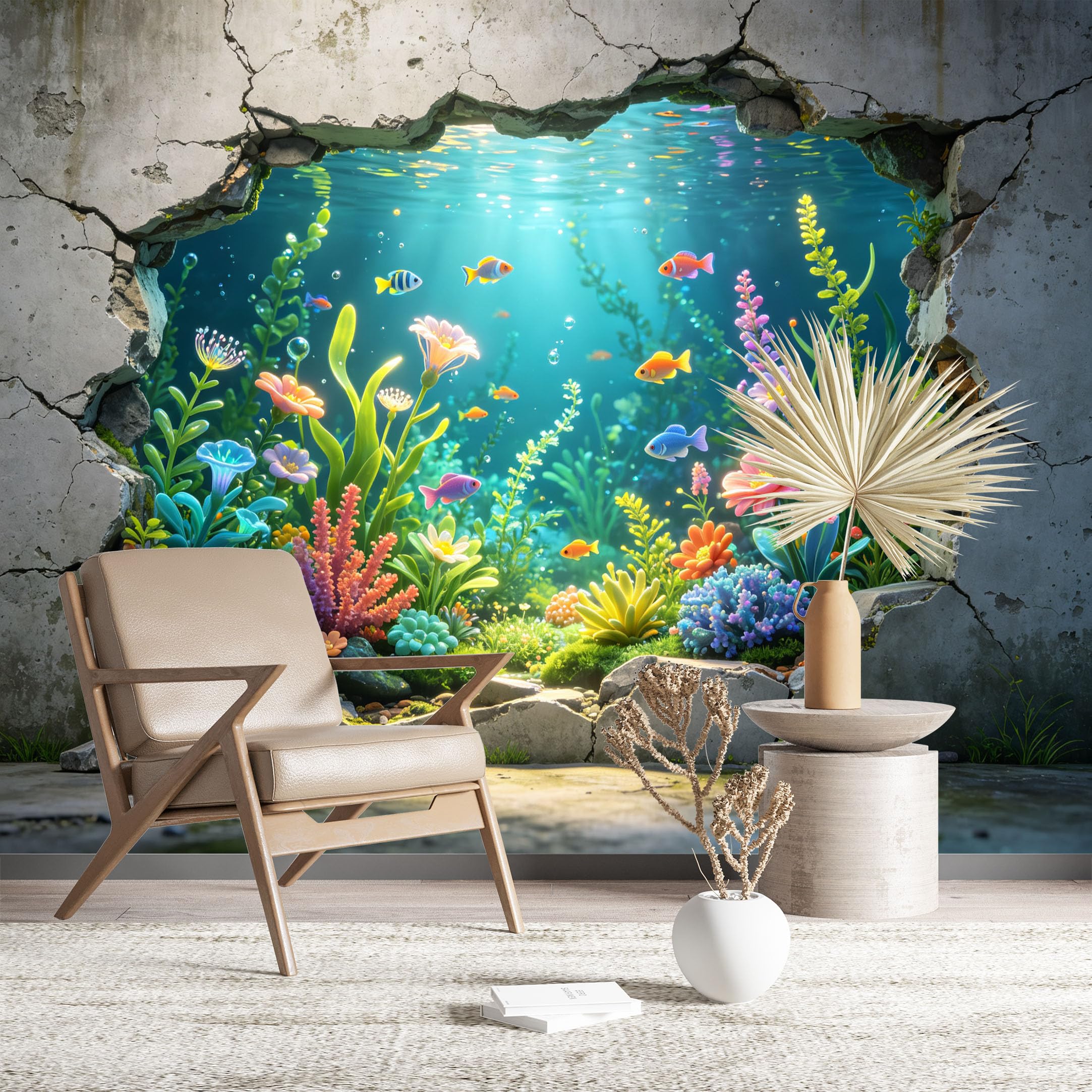 Custom Size Wall Murals Underwater World Through Cracked Wall Vivid Self-Adhesive Wall Fabric (NO PVC) Removable Wallpaper for Living Room Bathroom