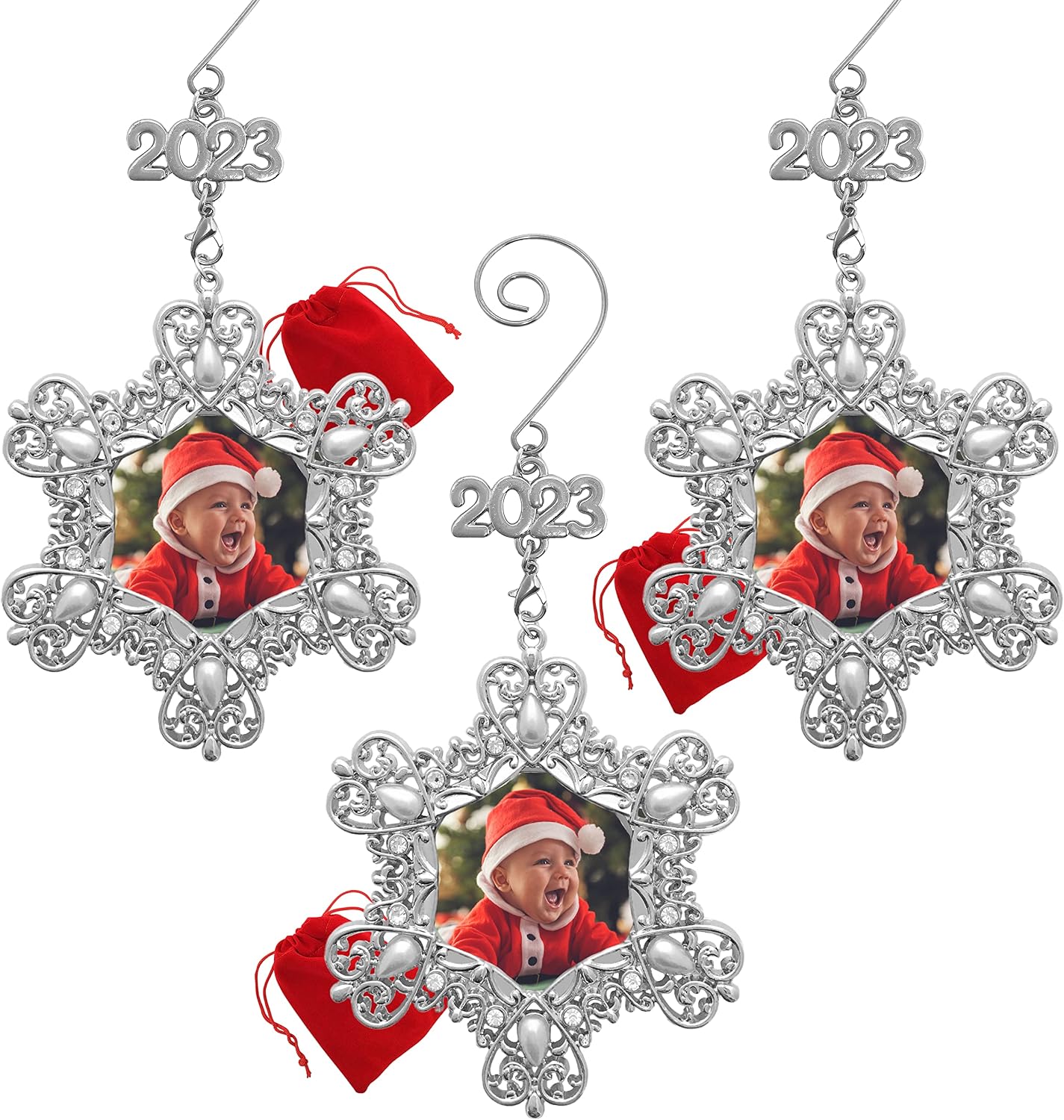 Annual Christmas Photo Ornament - Set of 3 - Dated 2023 Silver Charm and Metal Snowflake Decoration with Crystals and Pearls - Family Wedding Vacation Pictures - Gift/Storage Bag Included
