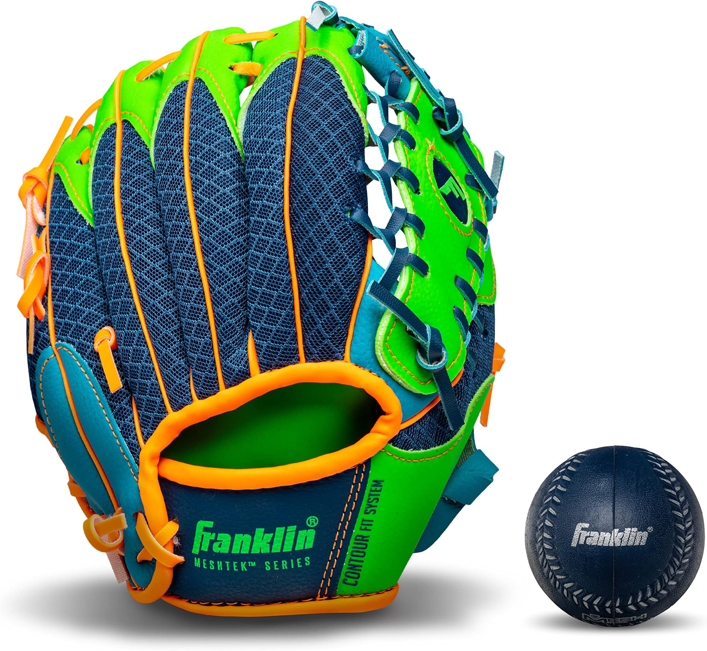 Franklin Sports Teeball Recreational Series Fielding Left Hand Glove with Baseball, 9.5-Inch, Royal/Lime/Orange