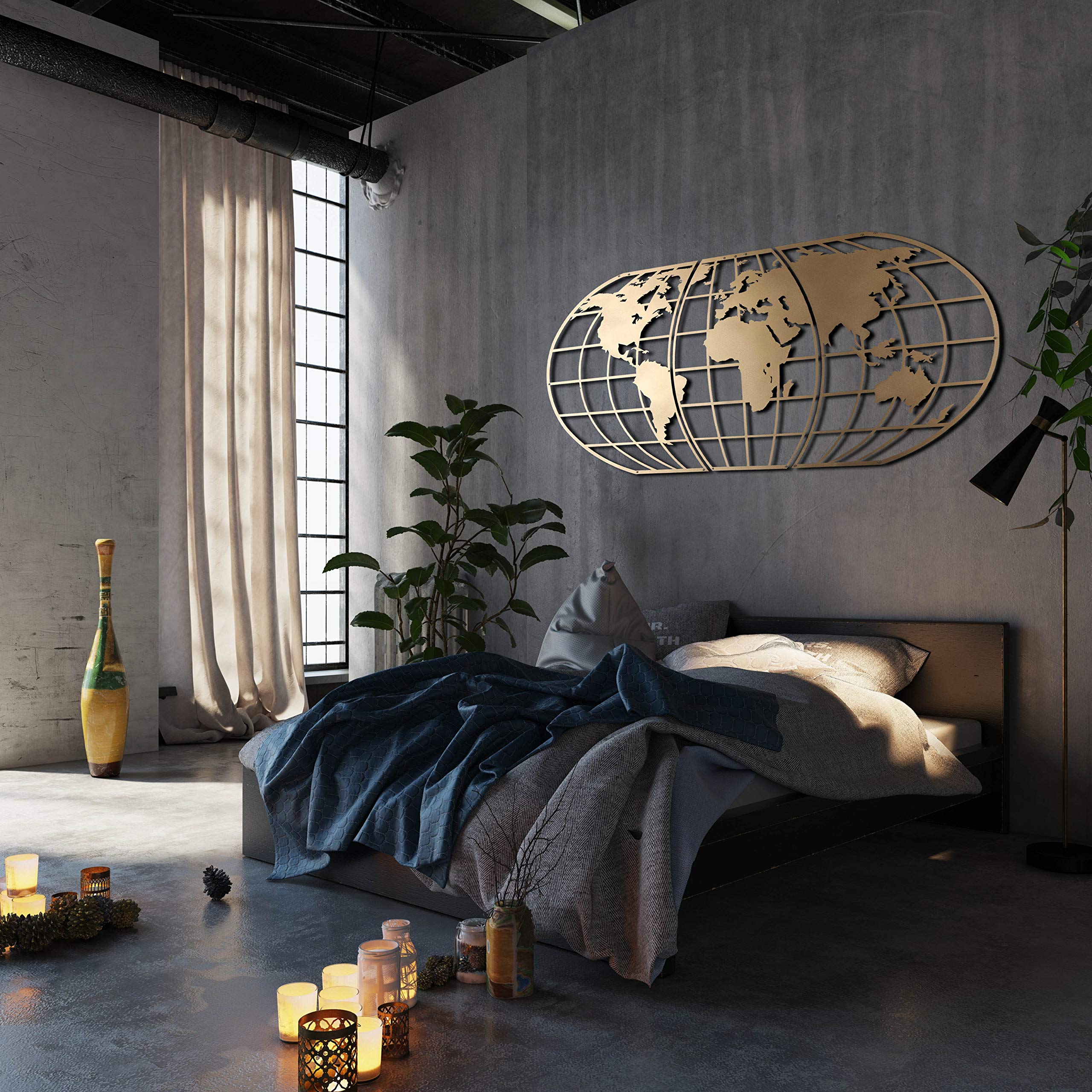 Tubibu Arte de pared moderno, 100 % metal, globo metálico de mapa del mundo, tamaño 23.6 x 47.2 pulgadas, colgante para sala de estar y dormitorio (dorado)