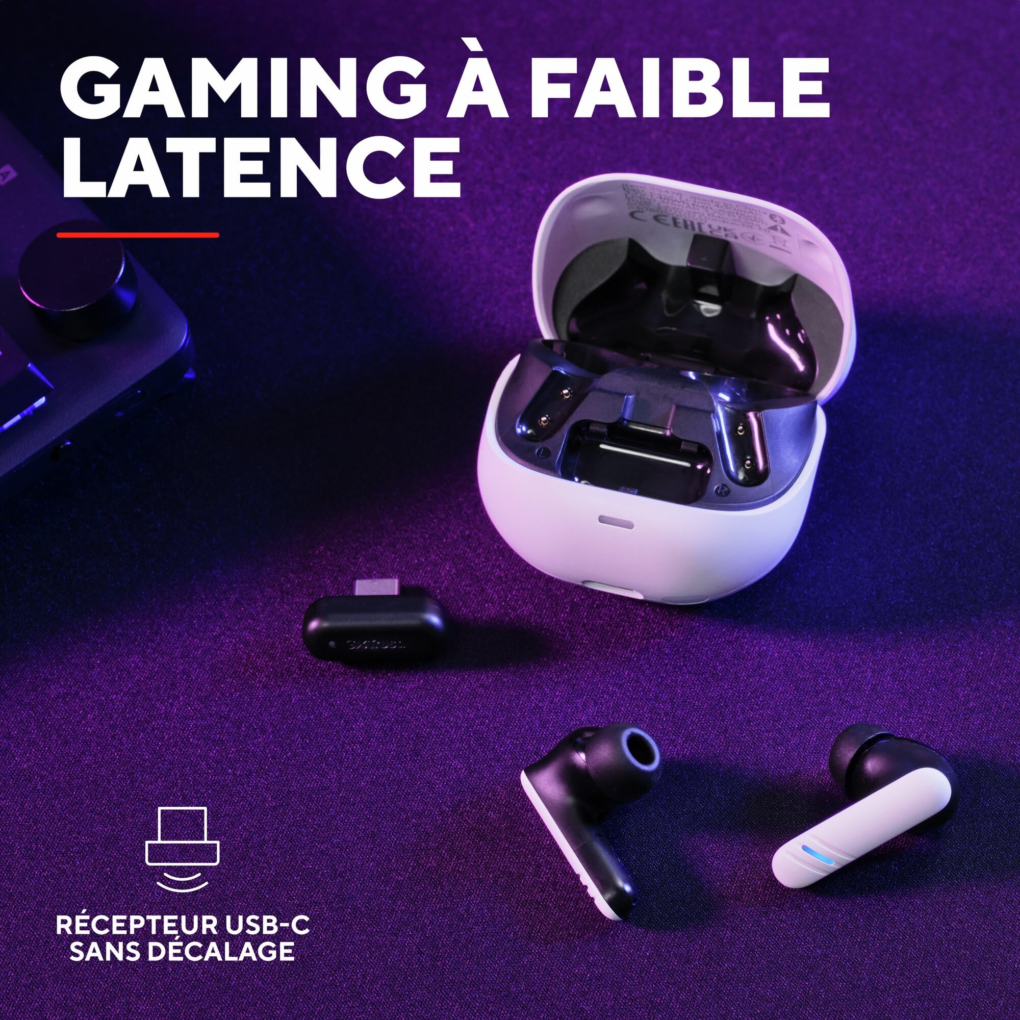 GXTrust Oxxie Écouteurs Bluetooth sans Fil PS5 Switch PC Mobile, Blanc | In Ear Casque Gaming Bluetooth en Récepteur USB-C Faible Latence, 25 Heures d'Autonomie, 4 Microphones Antibruit ENC