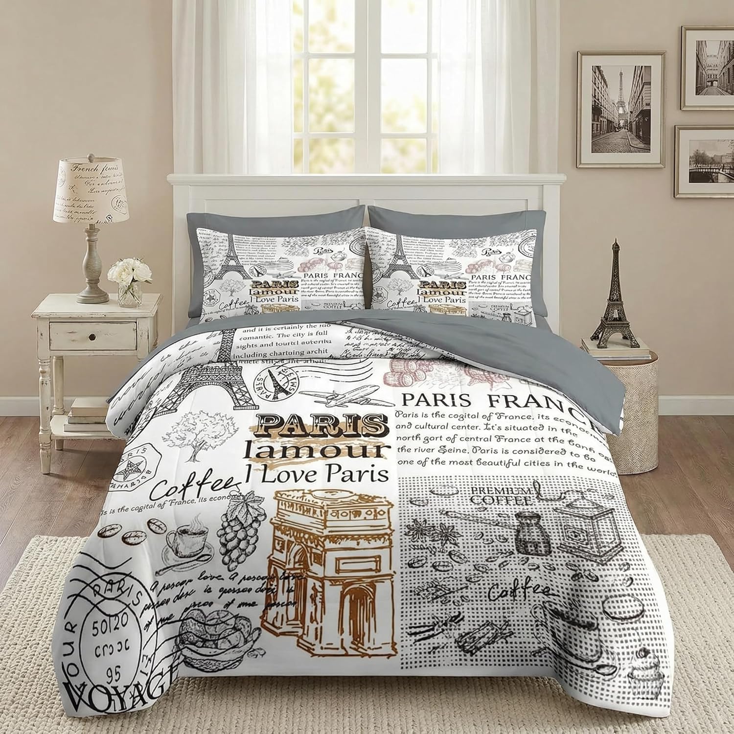 Nesker 7 Pcs Comforter Set Queen Size, Paris Gold Eiffel Tower Bedding Set for Kids and Adults, French Romantic Sheets Bed Sheet Sets with Fitted Sheet 2 Pillowcases & 2 Shams