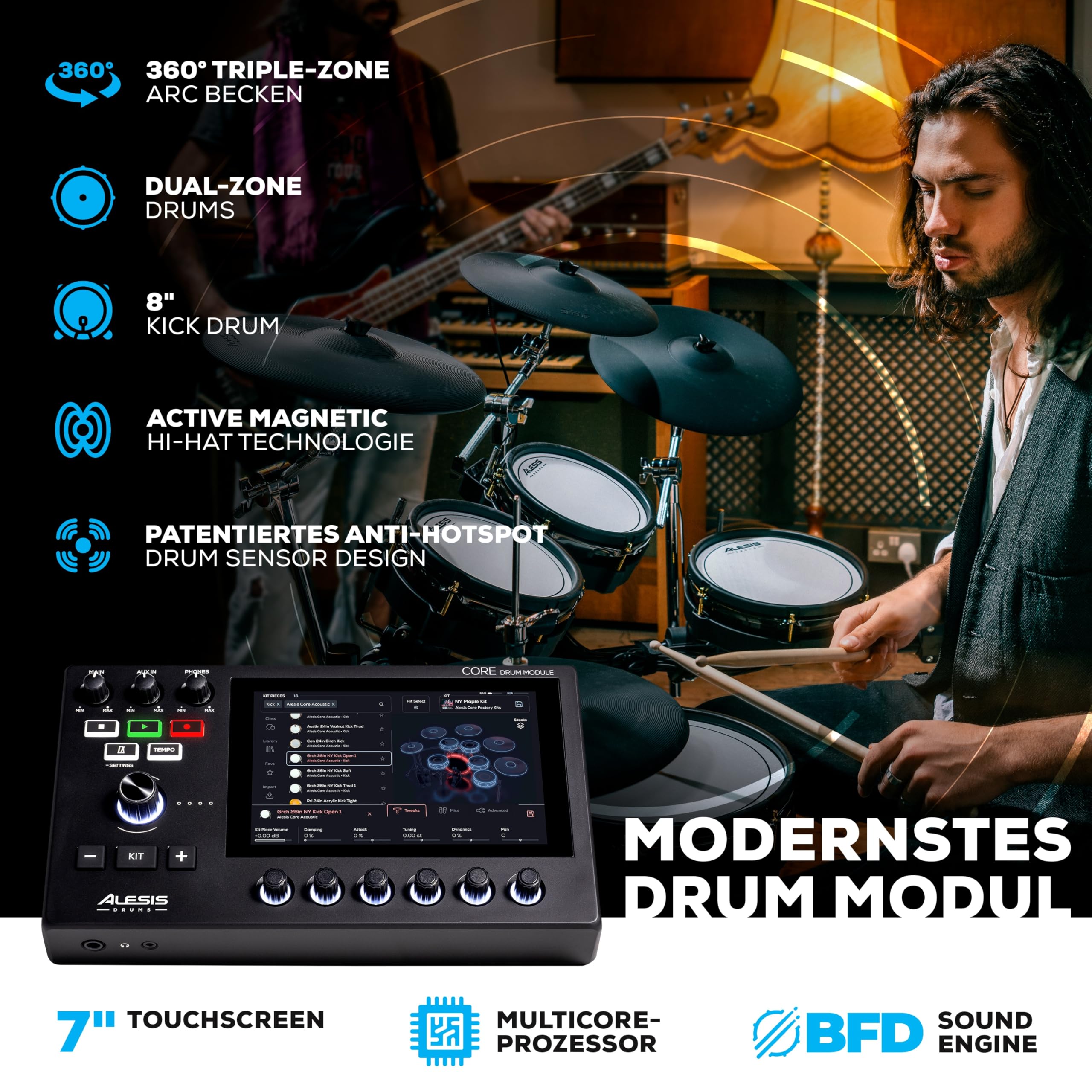Alesis Strata Core und Strike Amp 12 MK2 - E Schlagzeug mit Triple Zone Becken, Active Magnetic Hi-Hat und 12 Zoll 2500W Drum Amp Lautsprecher für elektronisch Schlagzeug, mit Bluetooth