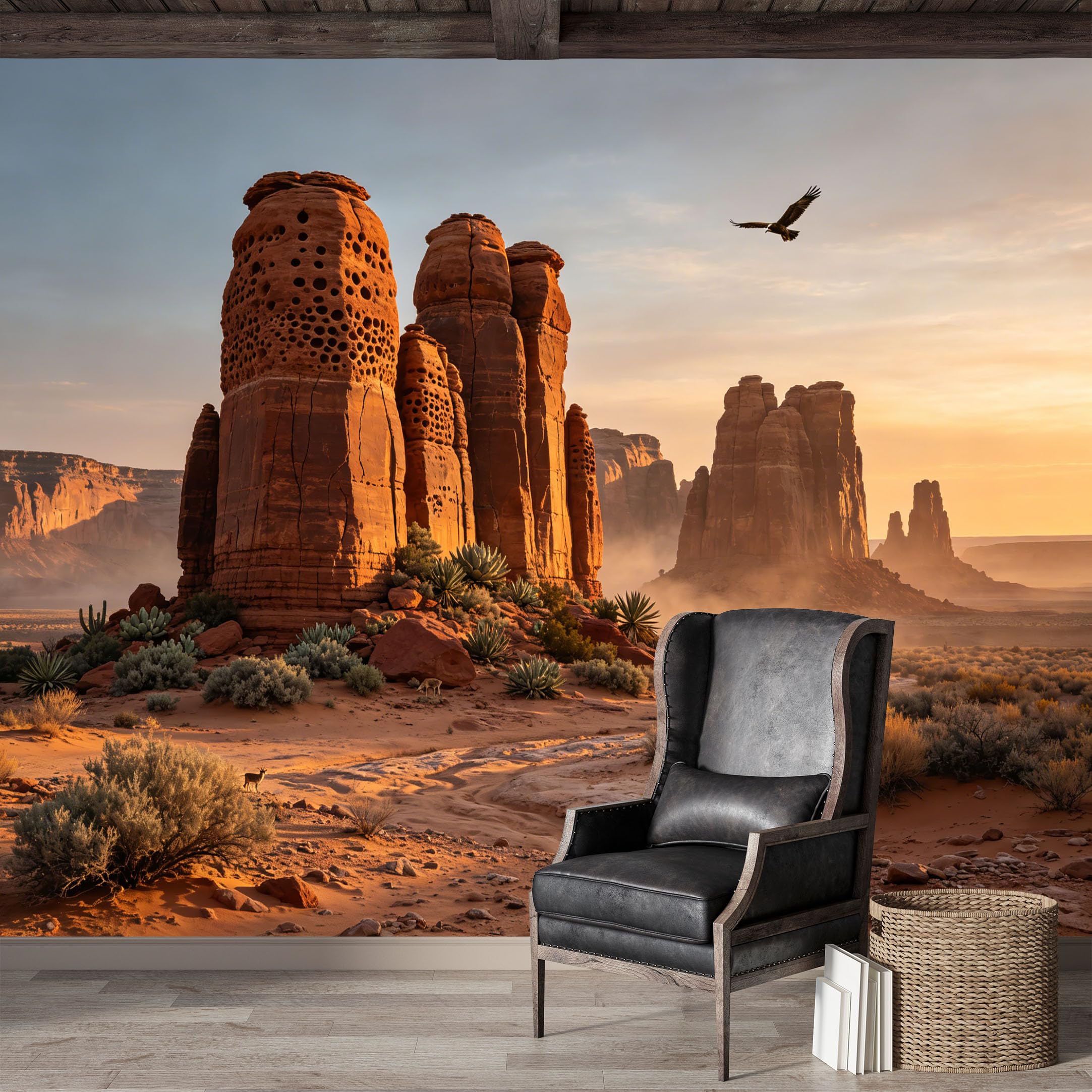 Custom Size Wall Mural,Southwestern Desert Landscape Eagle Sunset Premium Water Activated SelfAdhesive Wallpaper,Removable Wall Covering,Easy DIY Install Wall Art for Indoor Home Decor