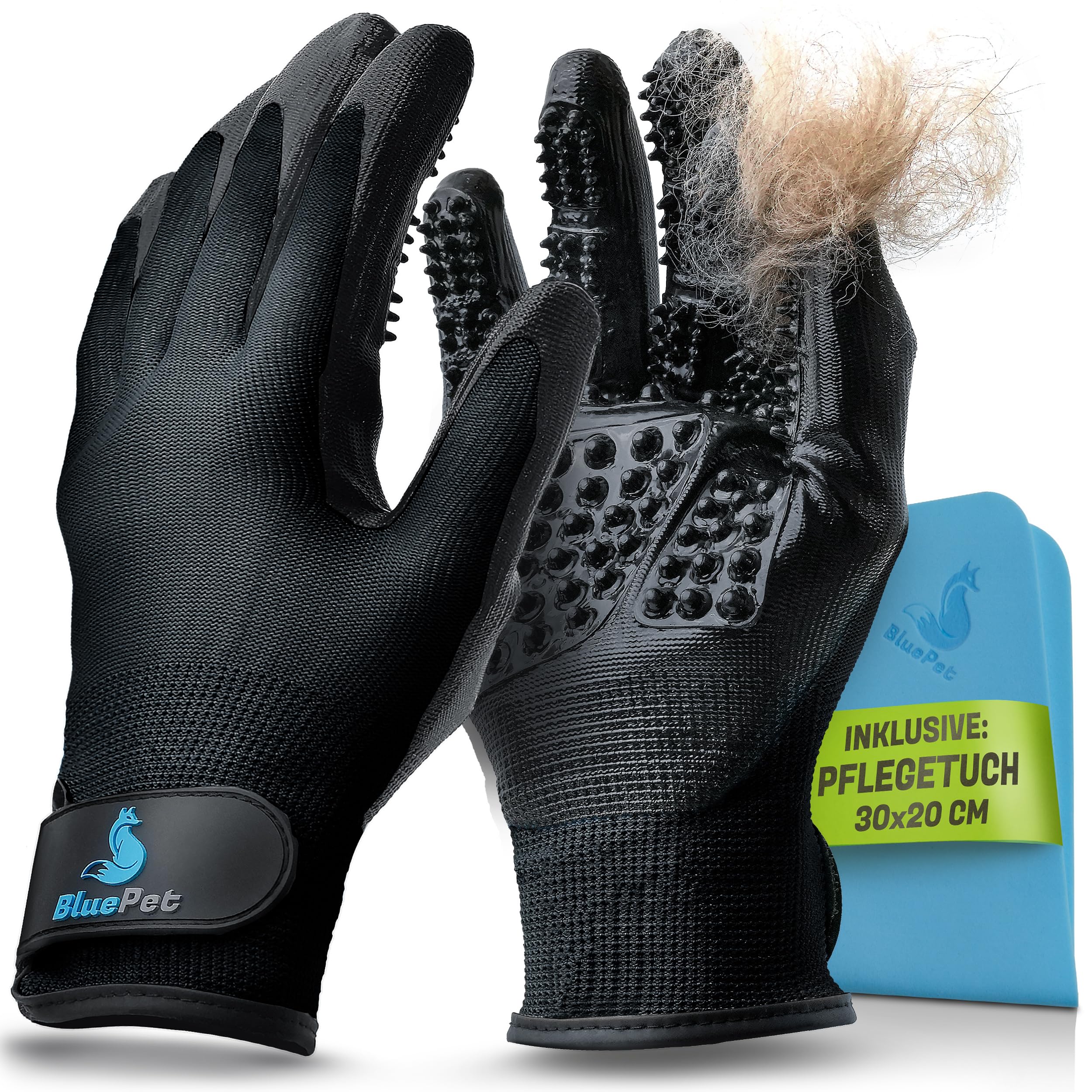 BluePet Fellpflegehandschuh Hund, Katze & Pferd - Fellhandschuh zur Fellpflege, Handschuh zum Entfernen von Fell, Waschhandschuhe für Hundehaare & Katzenhaare - Katzenhandschuh für Langhaar & Kurzhaar