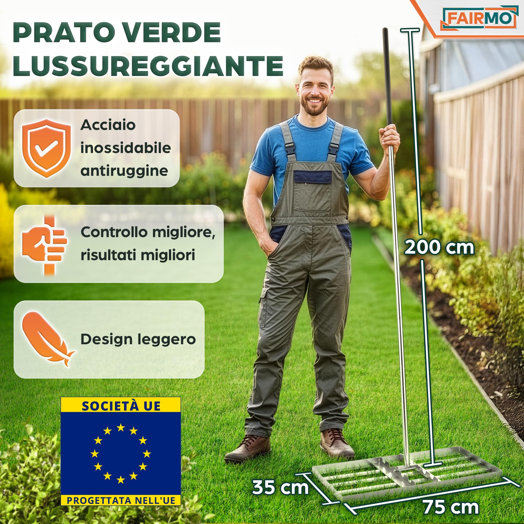 FAIRMO Rastrello livellatore per terra in acciaio inox (75x35 cm) con manico da 2 m - Fairmo Livellatore prato per sabbia e terra - Rastrello per prato largo