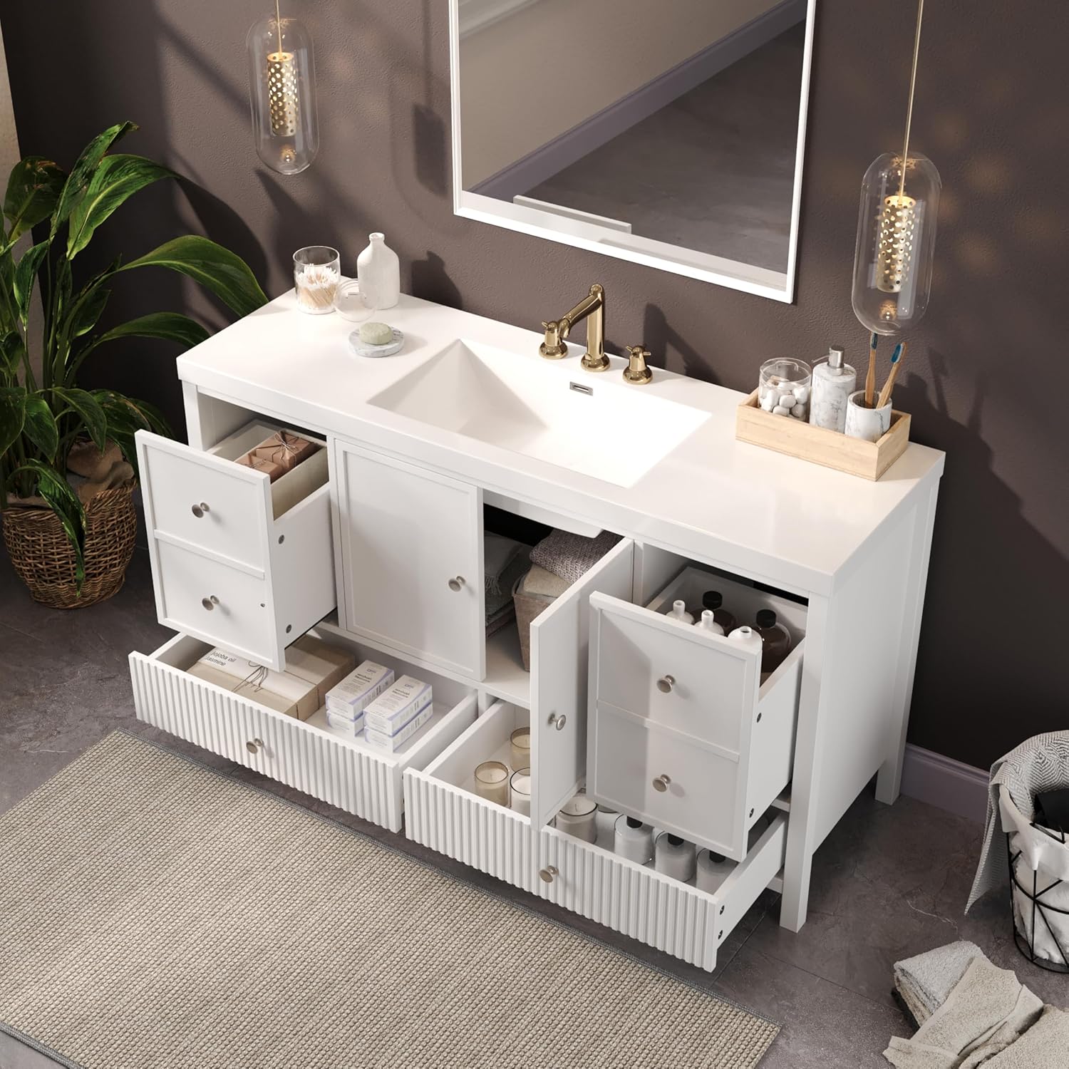 60 Inch White Bathroom Vanity with Single Sink,Large Bathroom Vanity with Spacious Countertop & Deep SMC Sink,with 4 Drawers & 2 Soft Closing Doors,Silver Knobs,Slated Front,8 in Faucet Hole