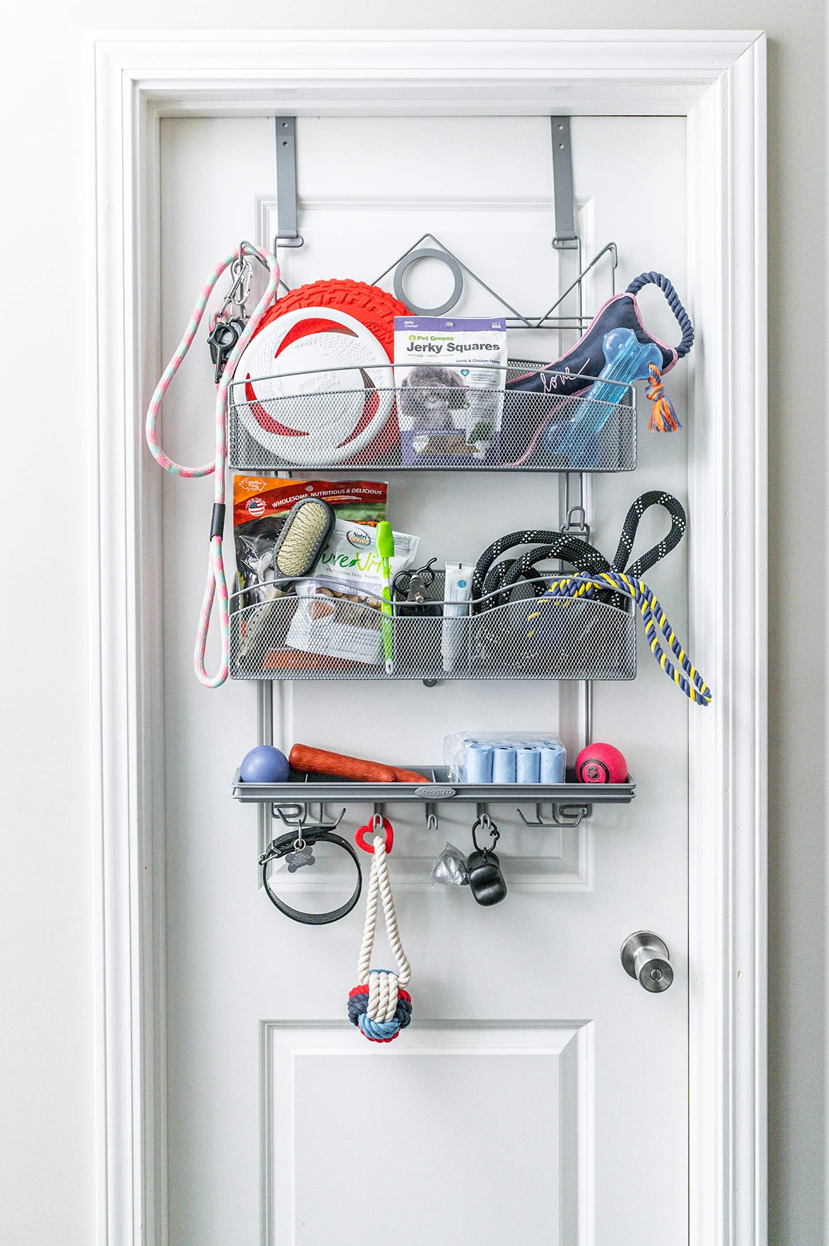 Pet/Dog Storage Organizer Rack Over-Door/Wall #3100 for All Your Pet Supplies, All-in-One Rack in Grey Patented
