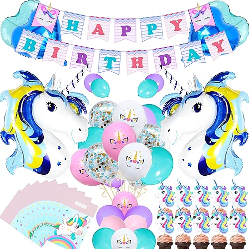 Welliboom Lindos suministros de fiesta de cumpleaños de unicornio de dibujos animados con pancarta, decoración de fiesta para niños, decoración de
