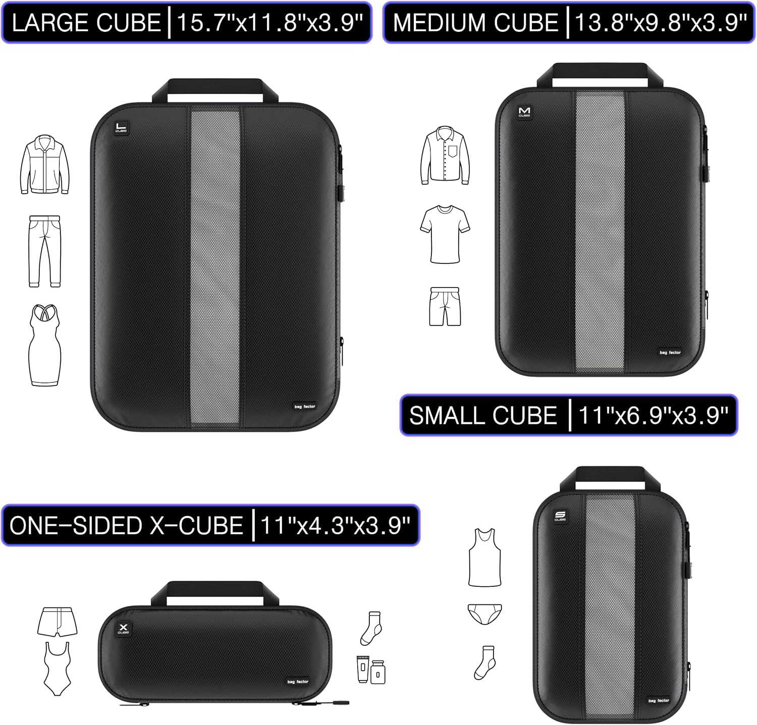 Premium Ultralight Compression Packing Cubes for Travel - Bag Factor Luggage Organizer Set (Double Sided Clean Dirty - Black - 4 Set) - Image 5