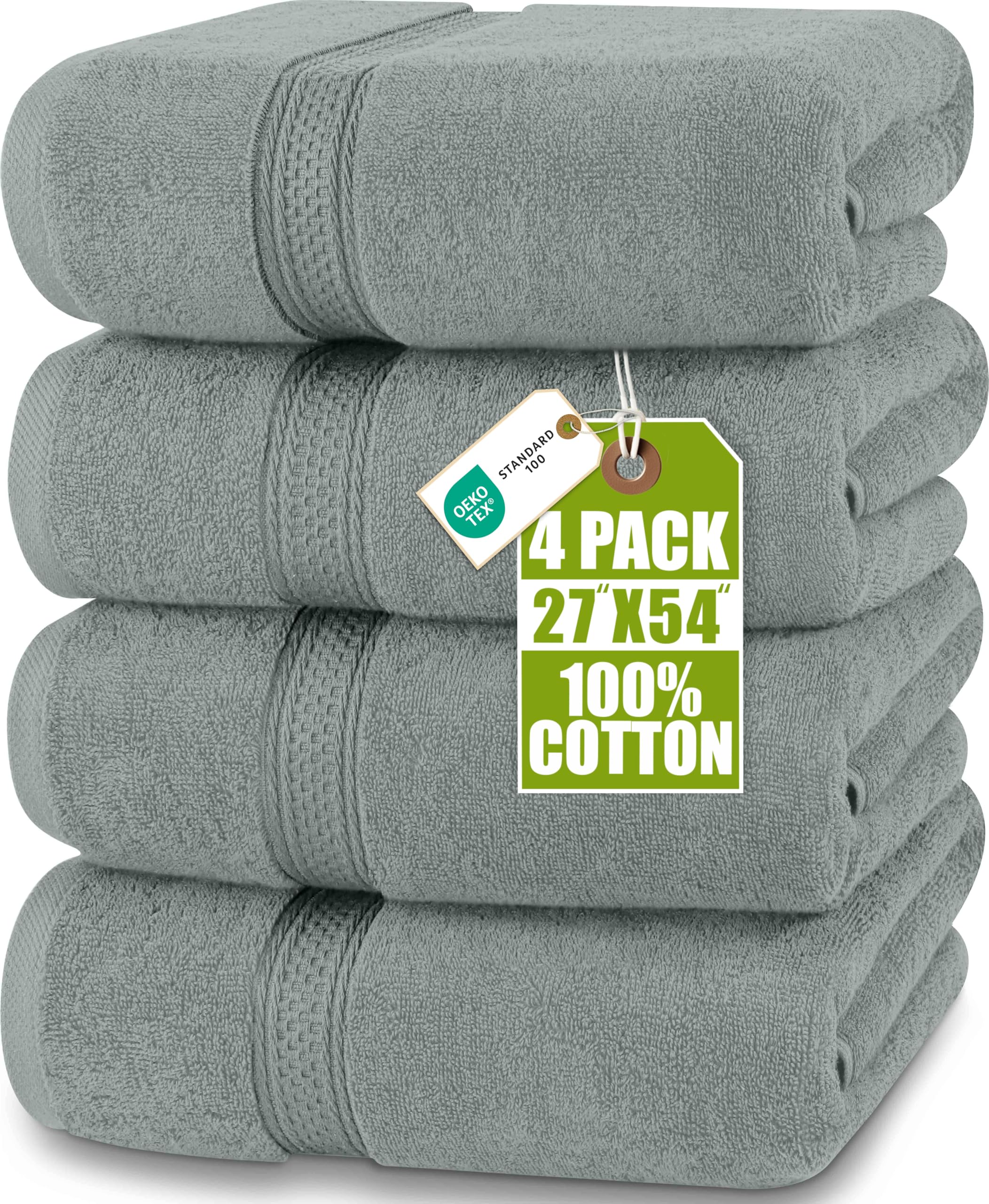 4 Pack Premium Bath Towels Set, 27 by 54 Inches, 100% Ring Spun Cotton 600GSM, Lightweight and Highly Absorbent Quick Drying Towels, Perfect for Daily Use, Cool Grey