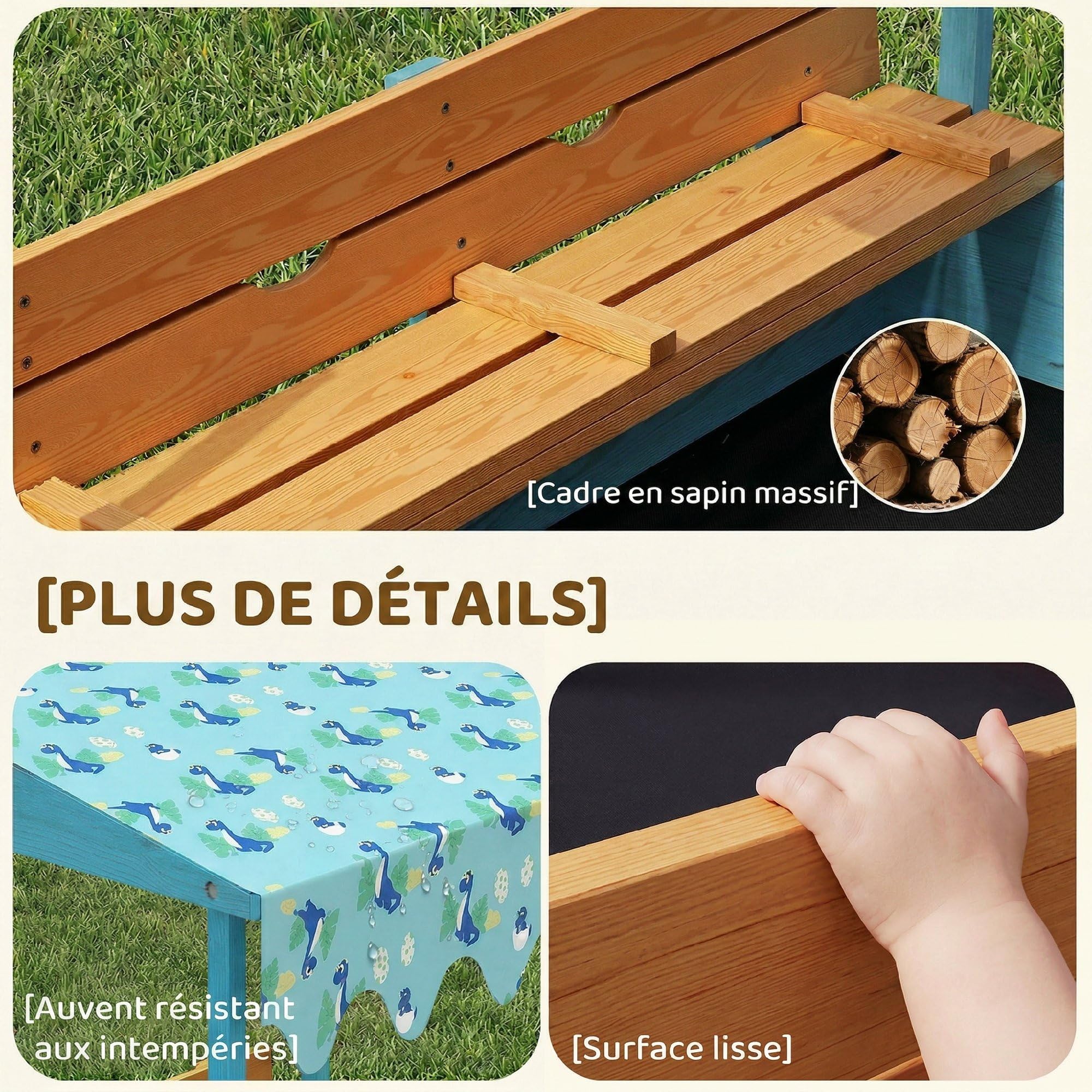 AIYAPLAY Bac à Sable en Bois avec Couvercle, bac à Sable Enfant extérieur avec siège Pliable, Espace de Rangement, Toile imprimée Dinosaures, Fond Inclus, pour 3 à 6 Ans, 134,5x127,5x130cm, Bleu